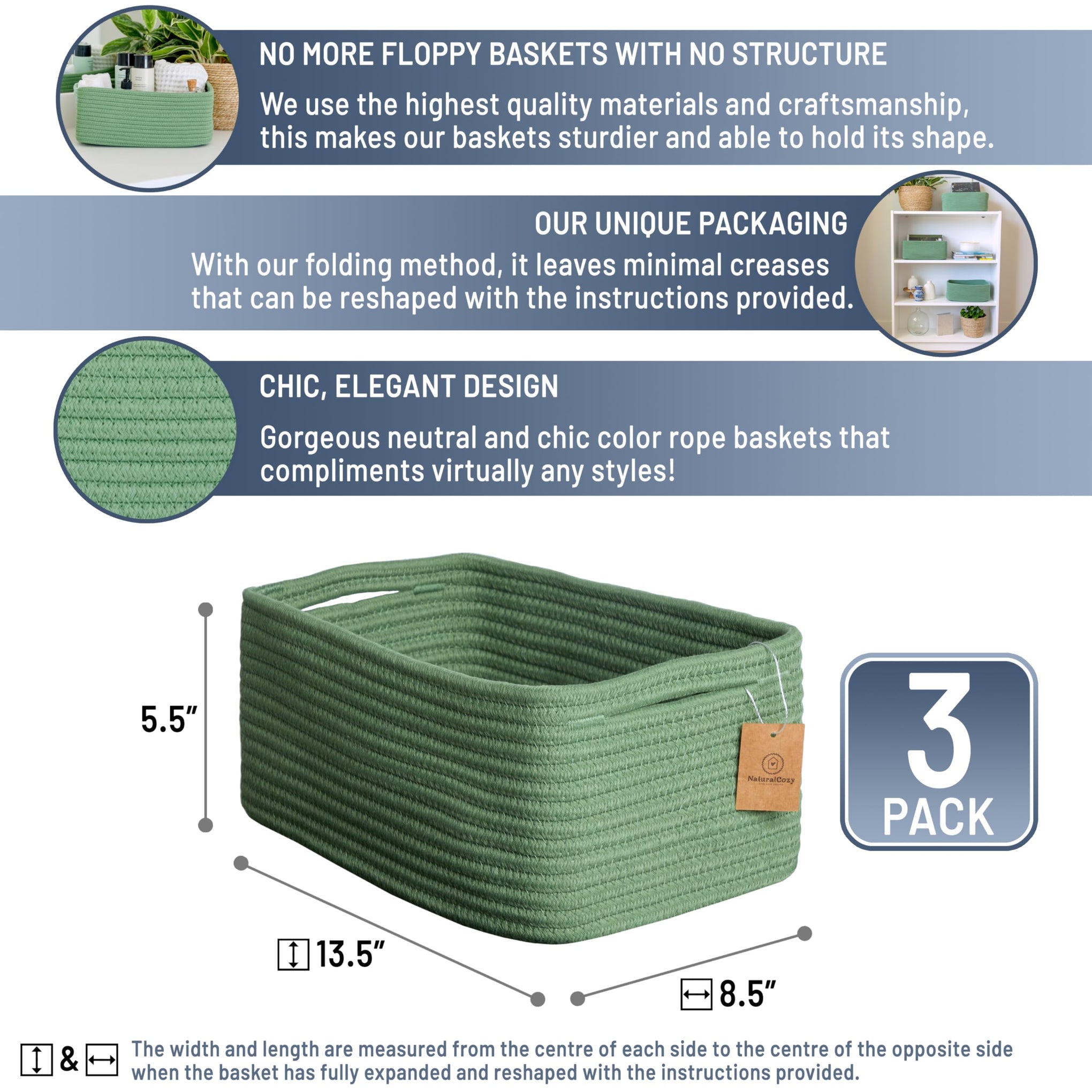 13.5”x8.5”x5.5” Rectangle Storage Baskets for Shelves 3 Pack (3 Count)