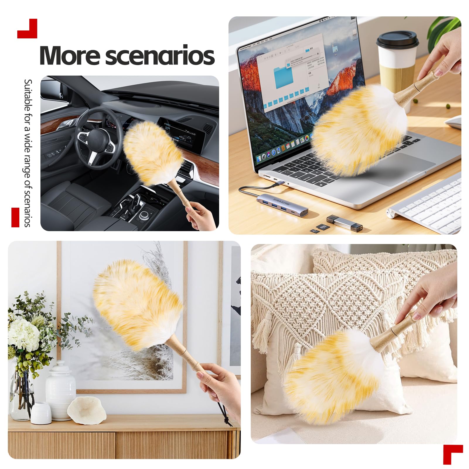 Lambswool Duster for Cleaning with Solid Wooden Handle Leather Hang Strap 14.9 inch Natural Feather Duster for Cleaning Ceiling Fans Window Blinds Computer Furniture