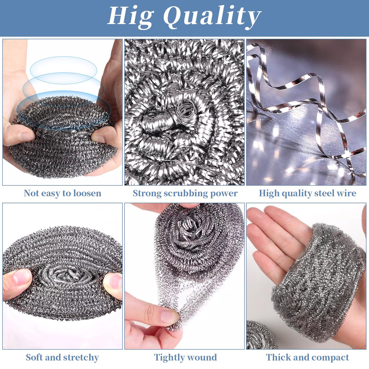 Stainless Steel Scrubber Scrubbing Scouring Pad Sponges Clean Pot Pan and Steel Wool for Kitchen Bathroom (6 Count)