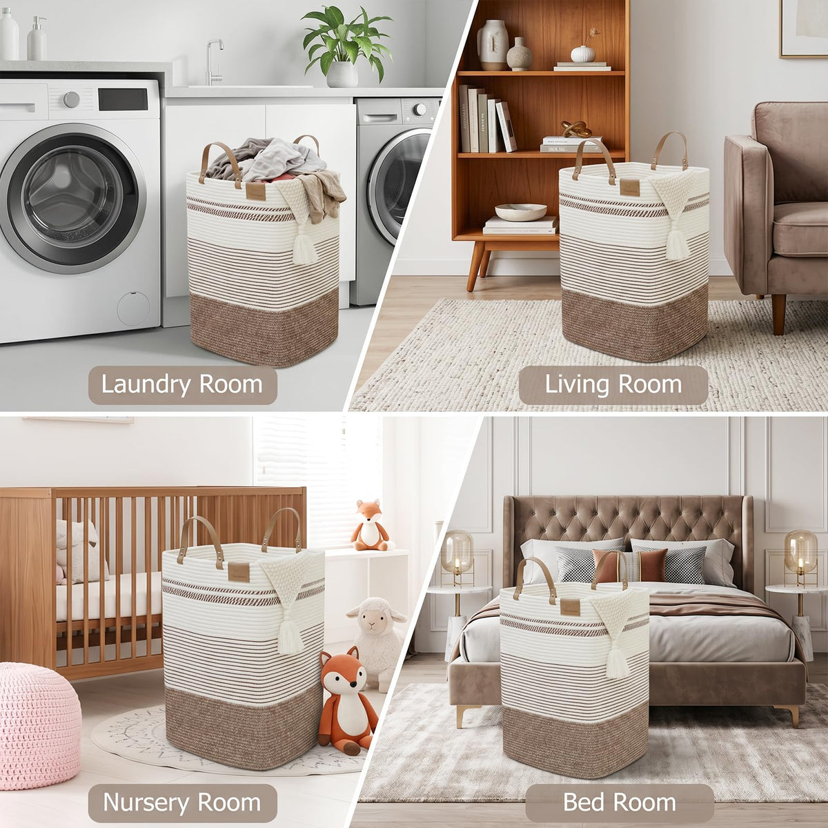 75L Woven Laundry Hamper with Long Leather Handles