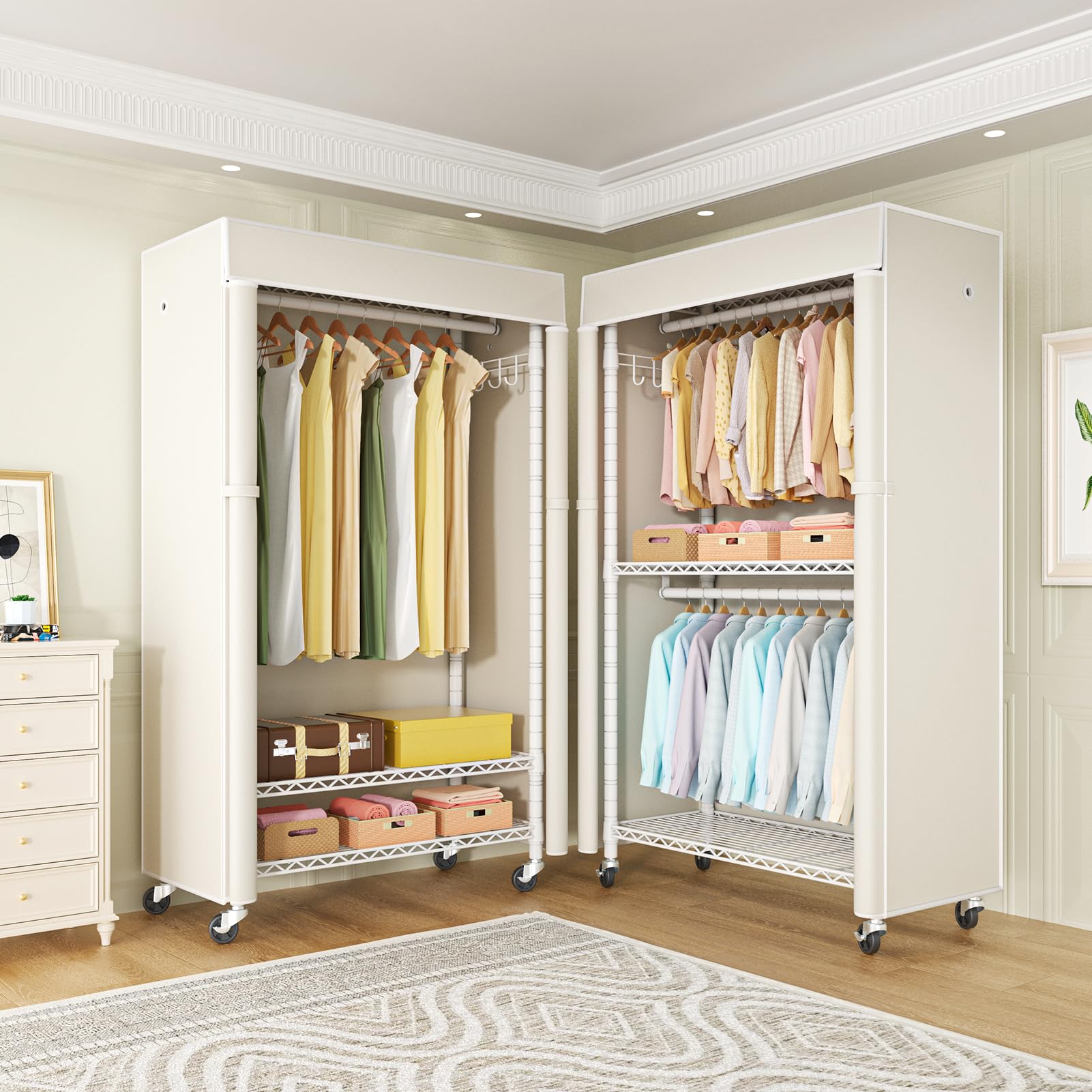 White Clothing Rack with Beige Cover