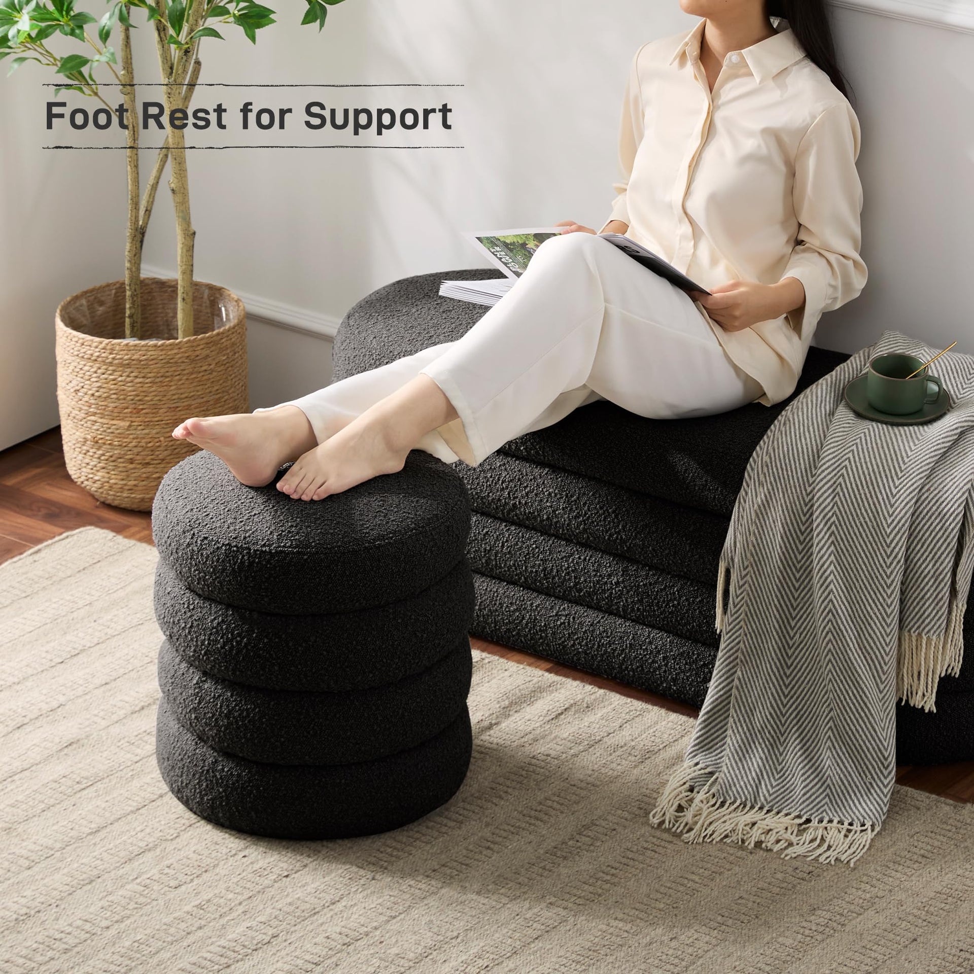 Round Ottoman with Storage Boucle Ottoman