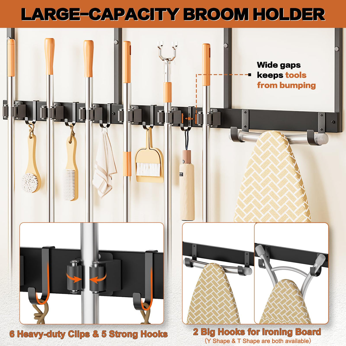 Broom Holder Wall Mount with Cleaning Supplies Organizer