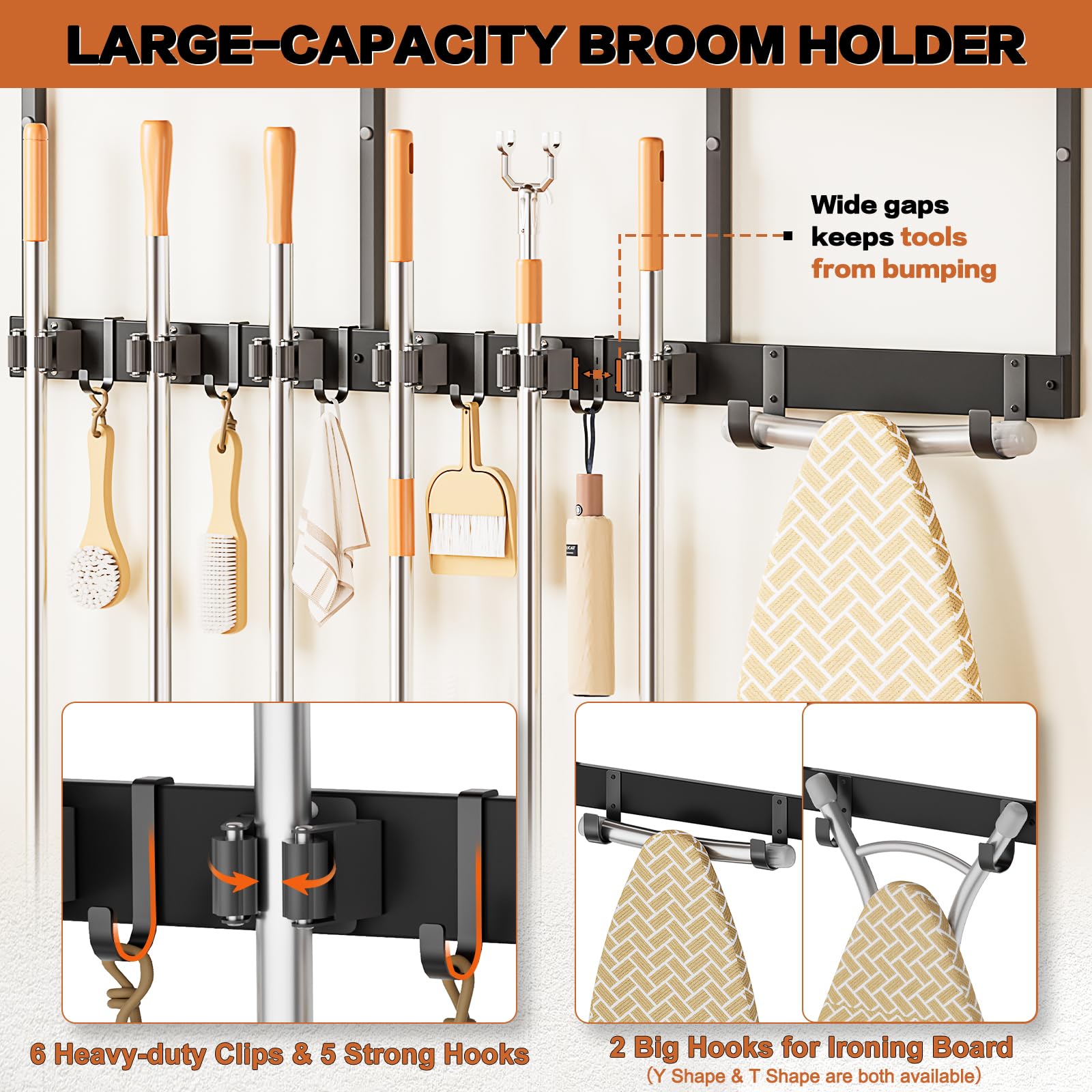 Broom Holder Wall Mount with Cleaning Supplies Organizer