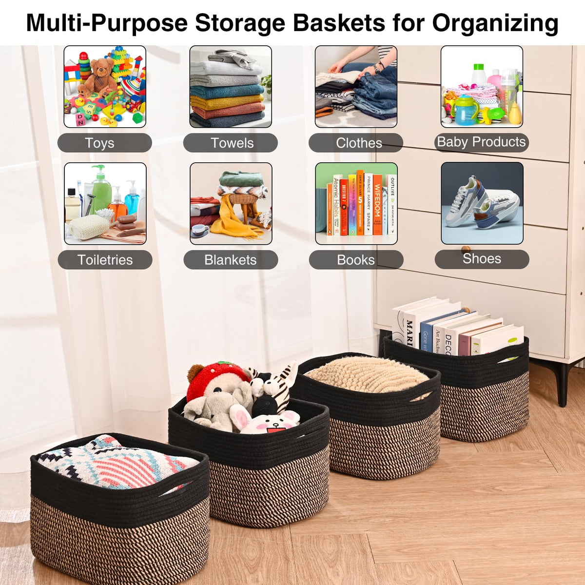 Small Storage Baskets for Organizing Shelves (4 Count)