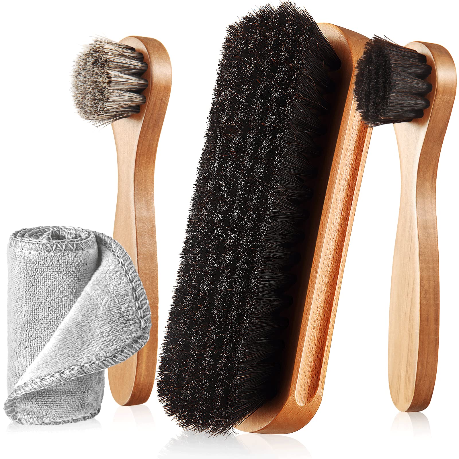 4 Pcs Horsehair Shine Shoes Brush Kit Polish Dauber Applicators Cleaning Leather Shoes Boots Care Brushes Suede Cleaner Brush with Microfiber Shoe Cloth (3 Count)