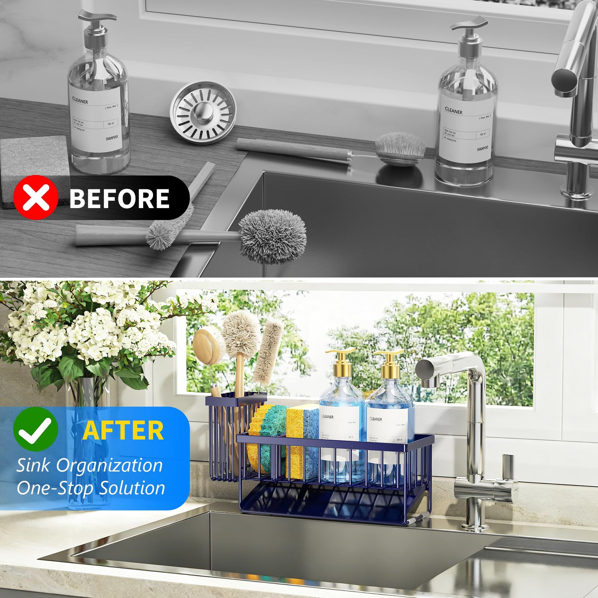 Navy Blue Sink Caddy Organzier with High Brush Holder