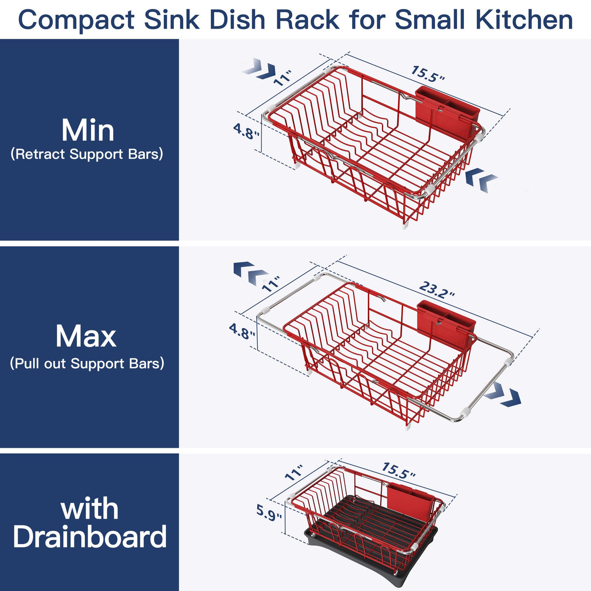 Red Dish Drying Rack in Sink with Drainboard and Utensil Holder