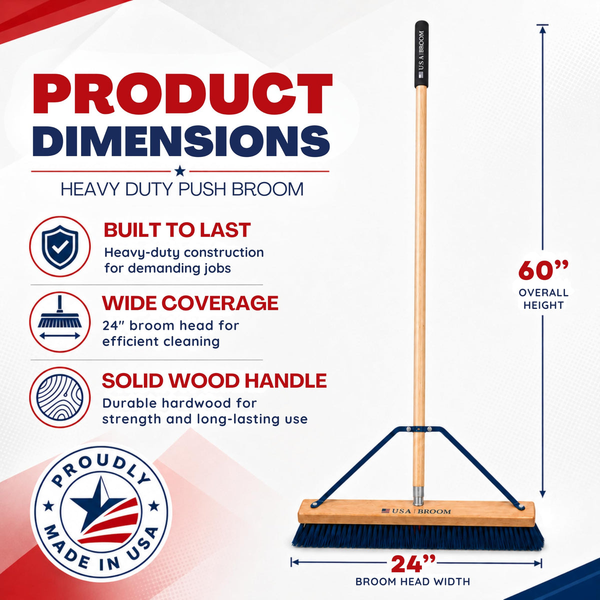 4-Pack - 24" Heavy Duty Outdoor Push Broom with 60" Handle. Ideal for Asphalt, Concrete & Heavy Debris. Durable American Made Steel Brackets-Stainless Steel Hardware. No Plastic. 100% USA Made (4 Count)