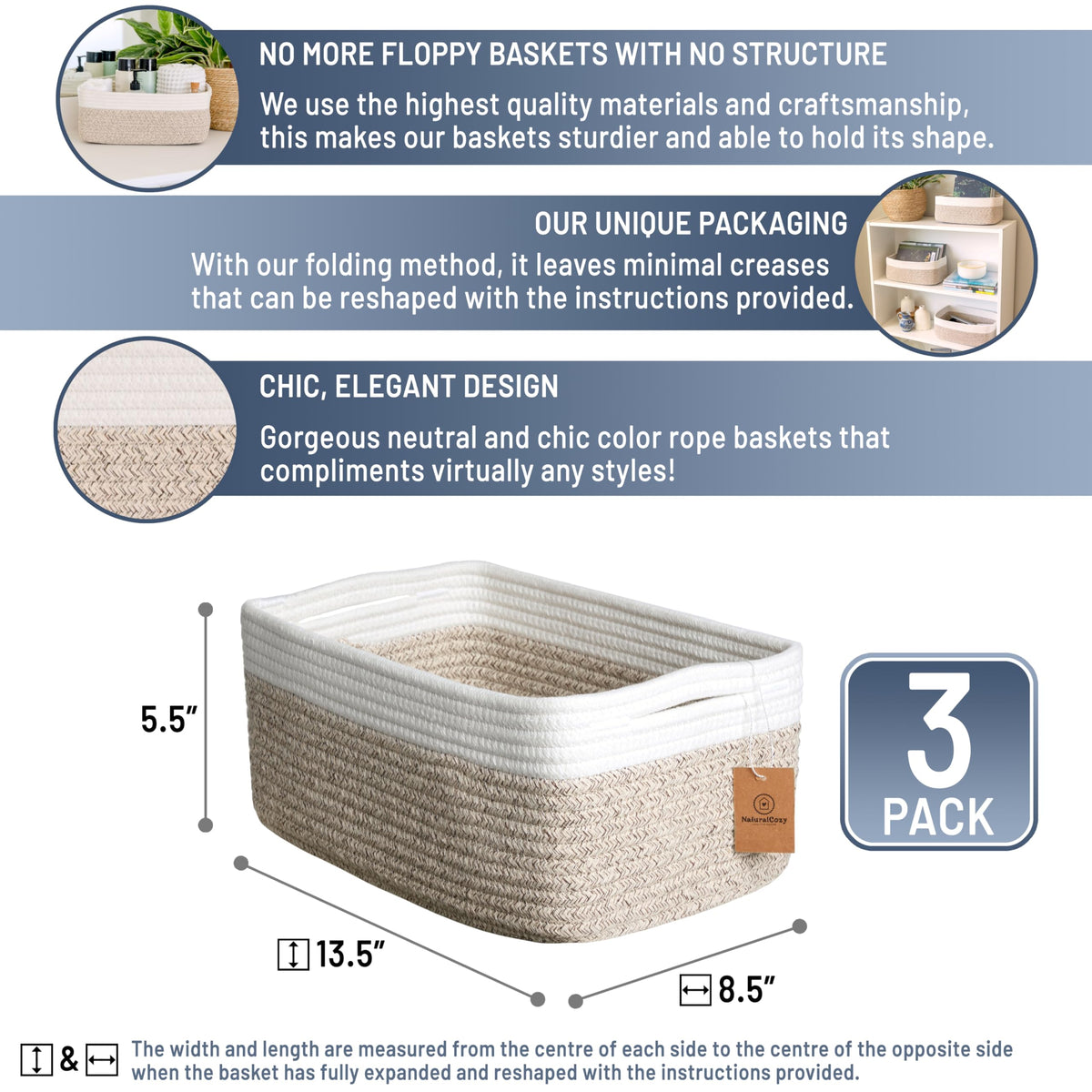 13.5”x8.5”x5.5” Storage Baskets for Shelves 3 Pack (3 Count)