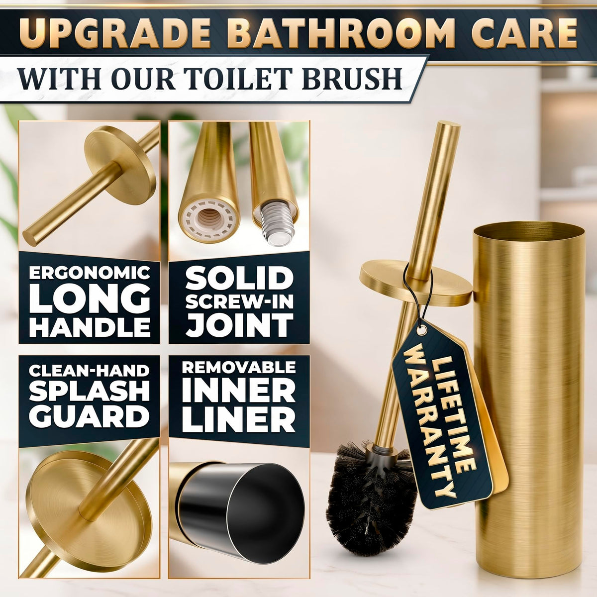 2Pcs Gold Toilet Brush and Holder Set for Modern Bathrooms (2 Count)
