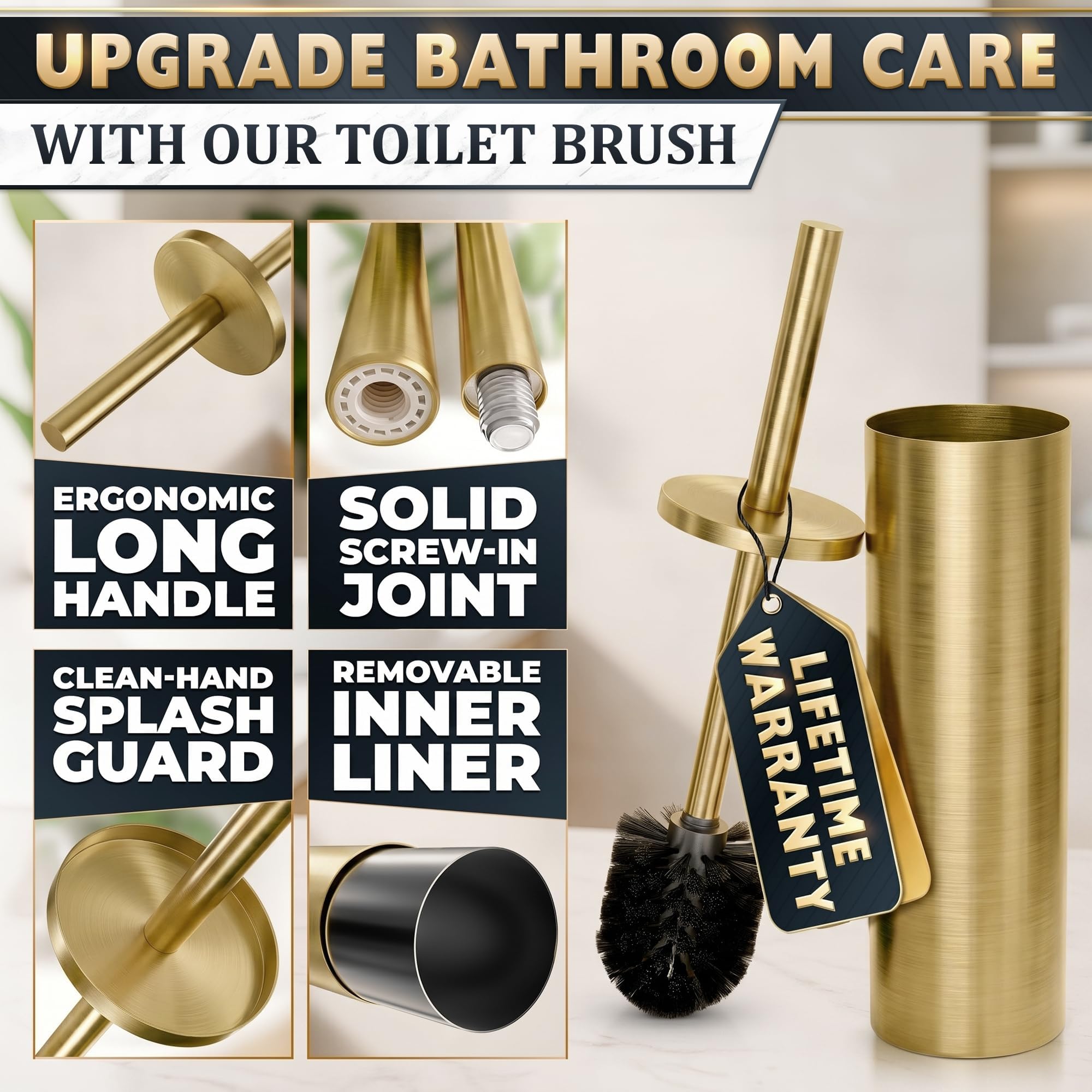 2Pcs Gold Toilet Brush and Holder Set for Modern Bathrooms (2 Count)