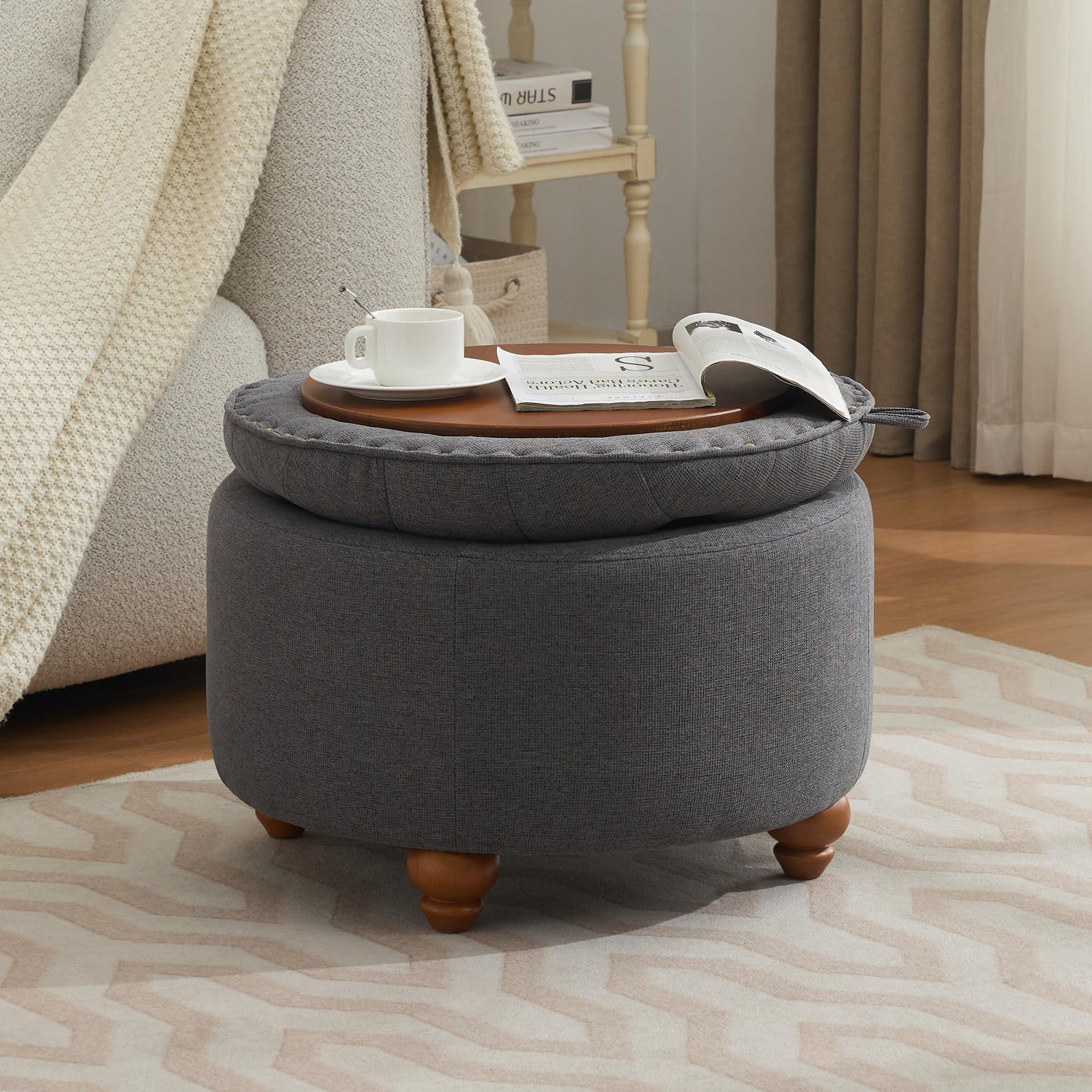 24Inch Round Storage Ottoman with Tray
