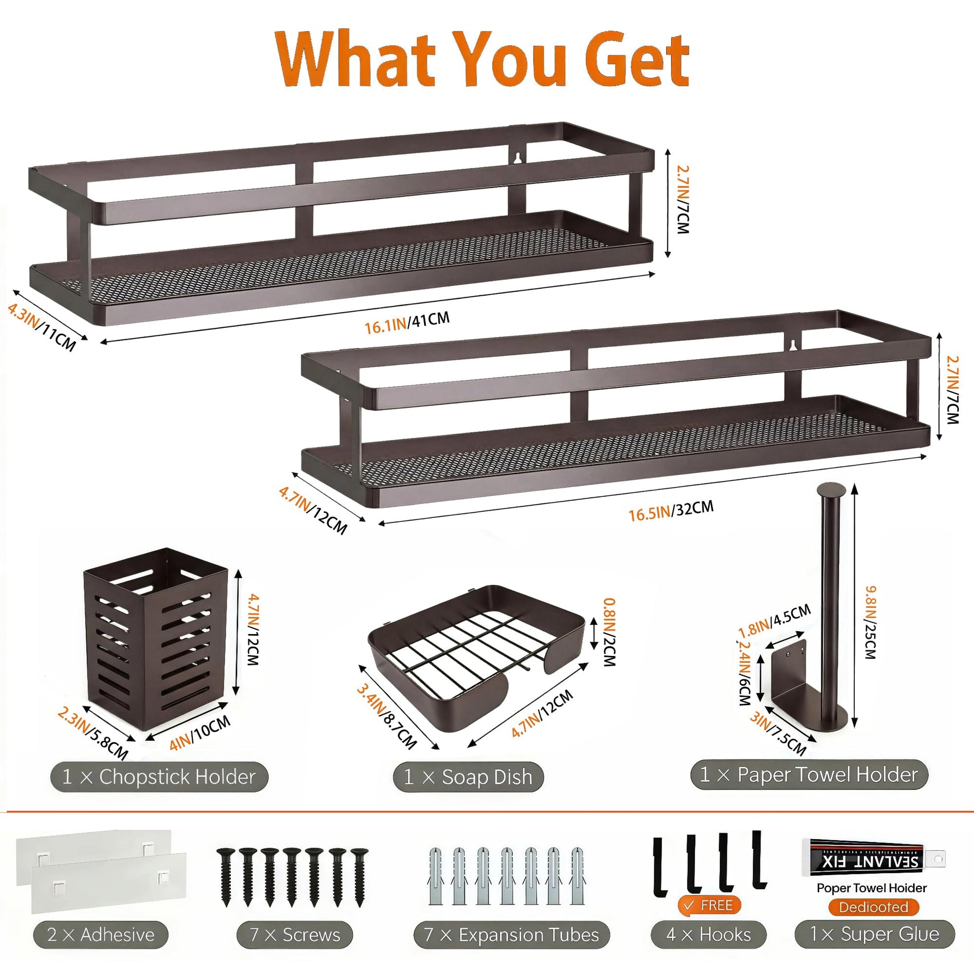 5-in-1 16.5" Extra Long Kitchen Organizer & Shower Caddy Set, Wall Mount Spice Rack with Paper Towel Holder, Utensil Holder & Soap Dish, Rustproof Mesh Storage Rack, Vintage Bronze, Guardrail