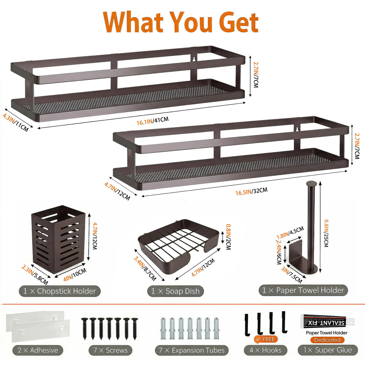 5-in-1 16.5" Extra Long Kitchen Organizer & Shower Caddy Set, Wall Mount Spice Rack with Paper Towel Holder, Utensil Holder & Soap Dish, Rustproof Mesh Storage Rack, Vintage Bronze, Guardrail