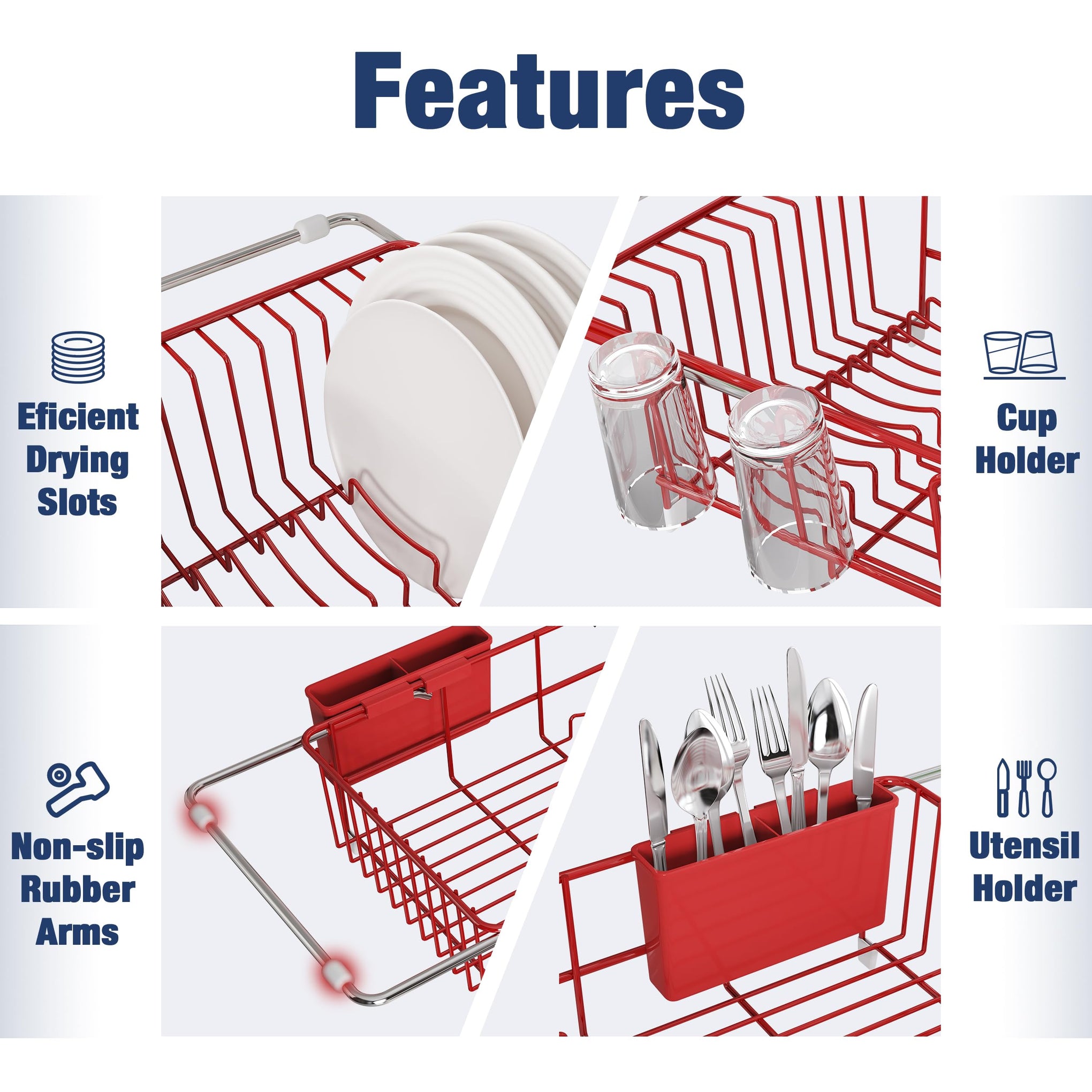 Red Dish Drying Rack in Sink with Drainboard and Utensil Holder