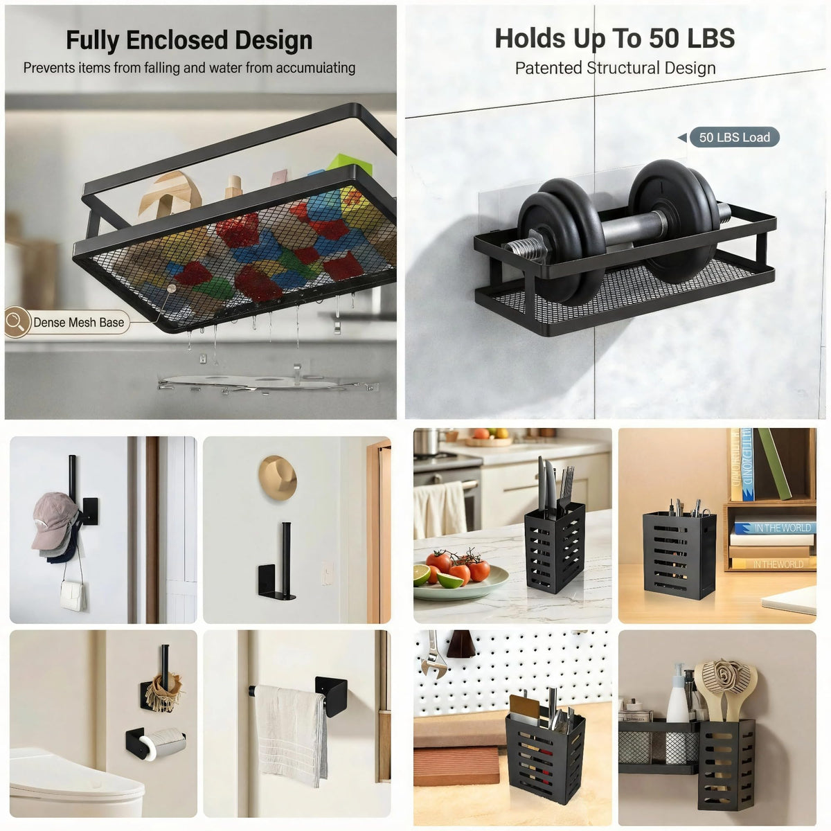 5-in-1 Shower Caddy & Kitchen Organizer Set, Wall Mount Wide Spice Rack with Paper Towel Holder, Utensil Holder, Soap Dish, Rustproof Mesh Baskets Hold 50LBS - Matte Black, Guardrail