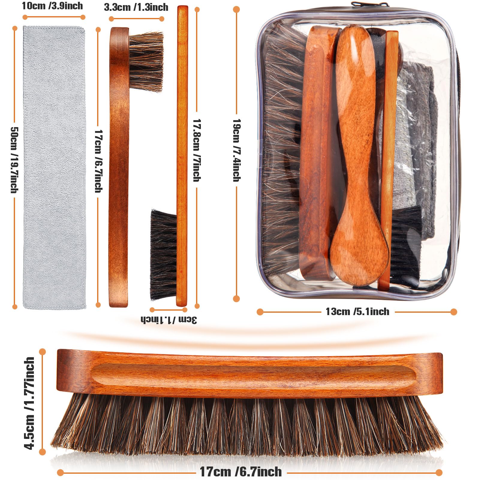 7 Pcs Horsehair Shine Shoes Brush Kit Polish Dauber Applicators Cleaning Leather Shoes Boots Care Brushes Suede Cleaner Brush with Microfiber Shoe Cloth (7.6 Count)