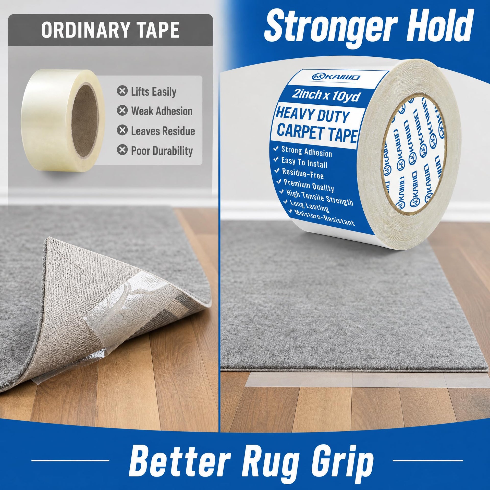 Heavy Duty Carpet Tape Double Sided 2 INx10YD Rug Tape for Area Rugs on Carpet (30 Foot)