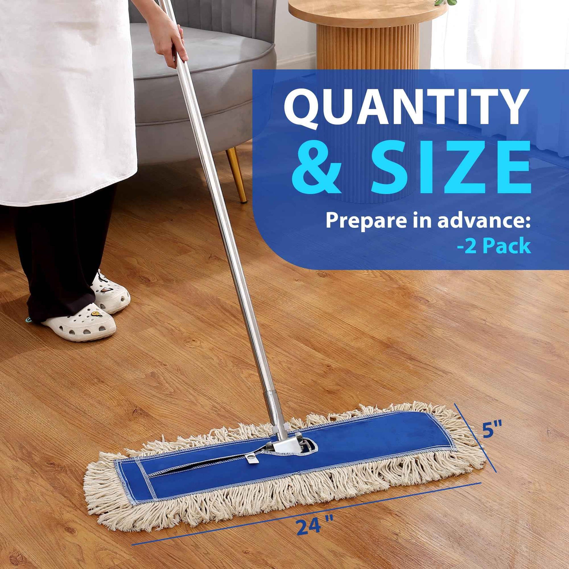 2 Pack 24" Wide X 5 Cotton Floor Dust Mop Head Refill Short Fiber for Easy Sweep