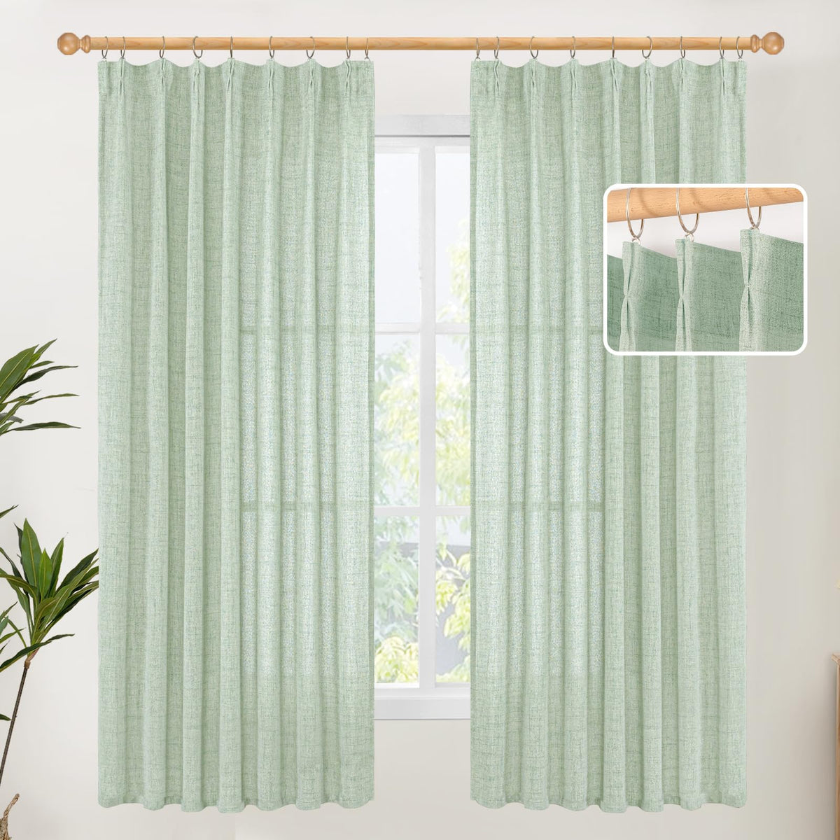 Sage Green Linen Curtains 63 Inch Length 2 Panels for Living Room (2 Count)