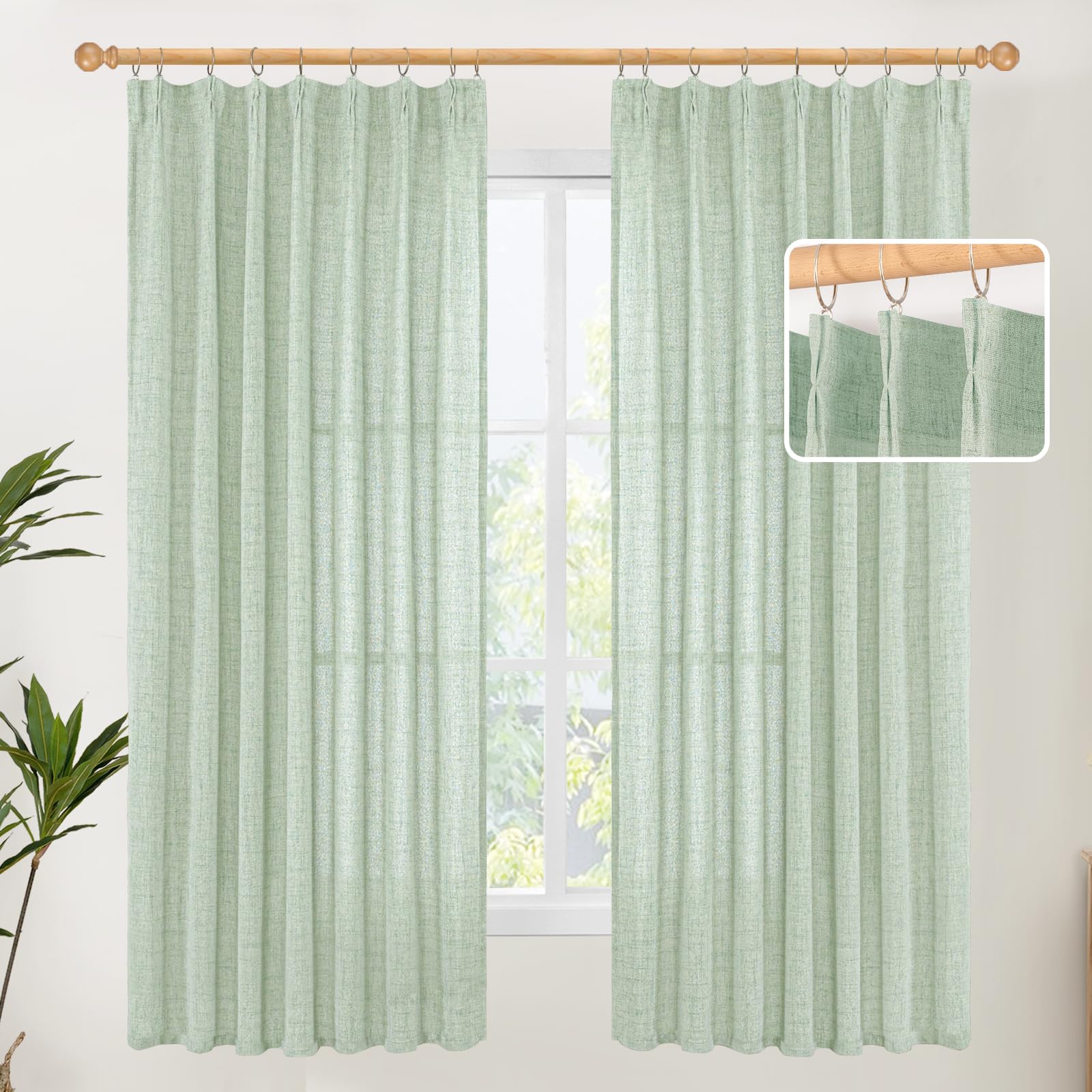 Sage Green Linen Curtains 63 Inch Length 2 Panels for Living Room (2 Count)