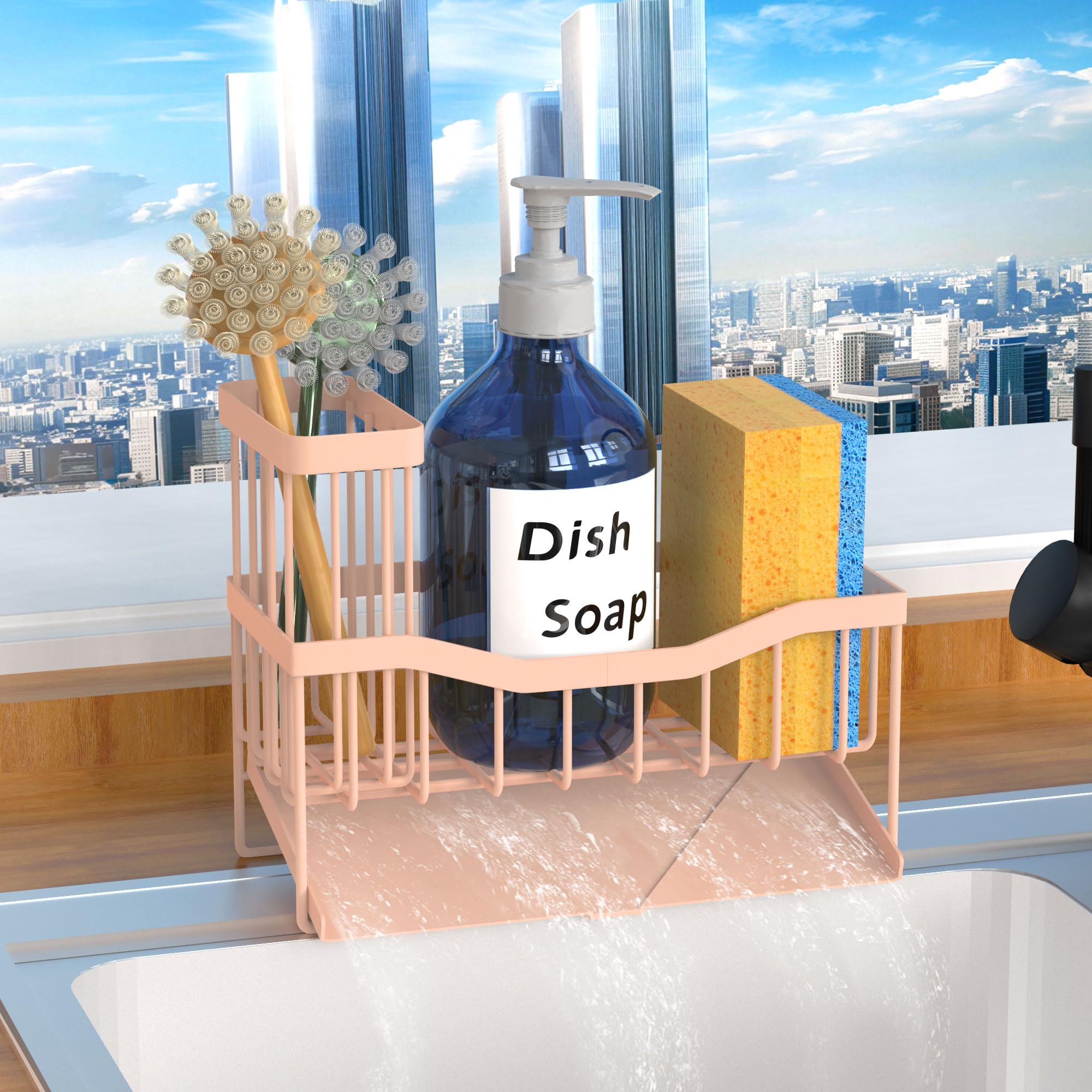 Maifan Sink Caddy Sponge Holder for Kitchen with Brush Holder and Stainless Steel Self Drain Tray