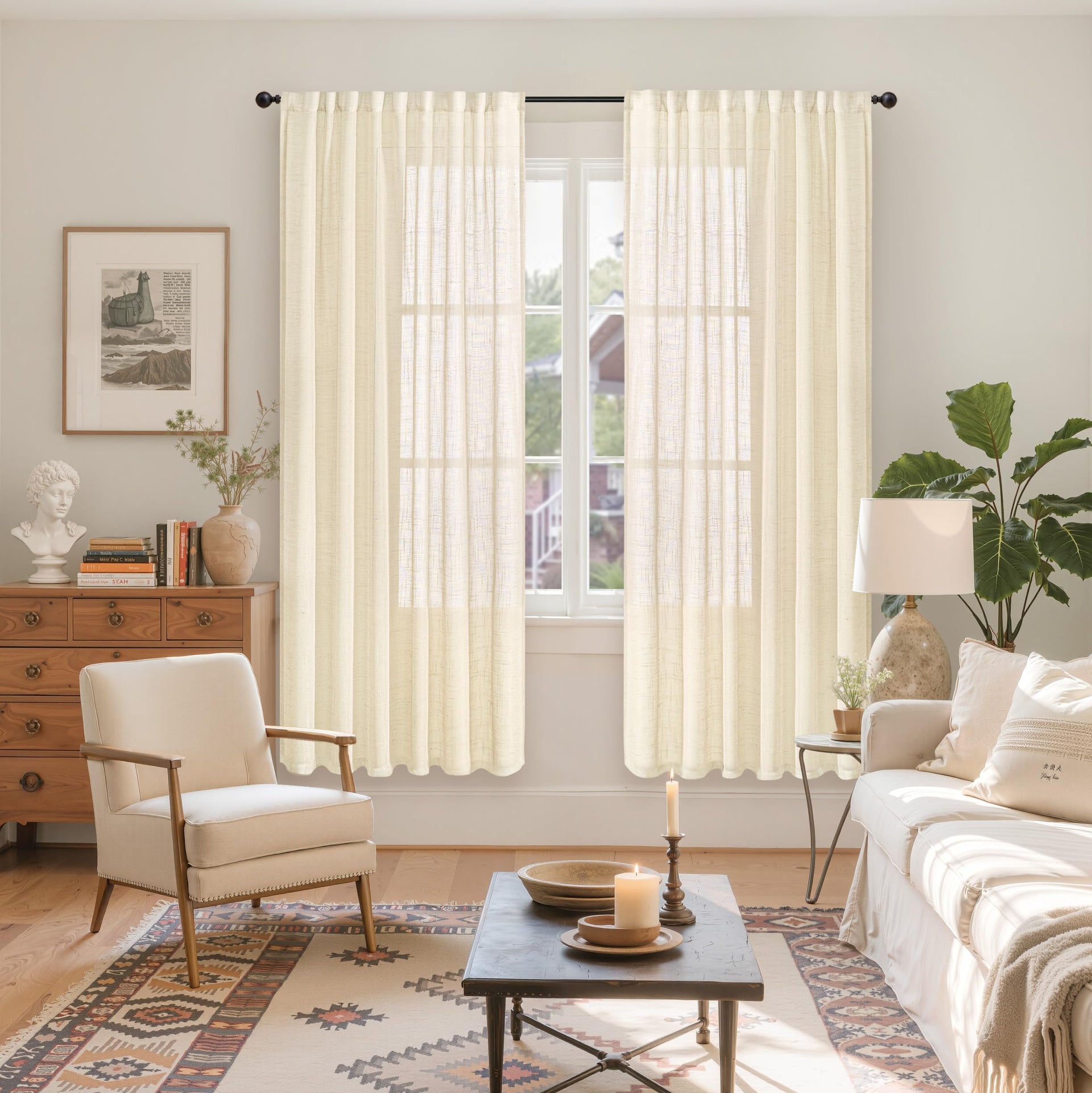 72 Inch Length Beige Linen Curtains for Living Room (2 Count)