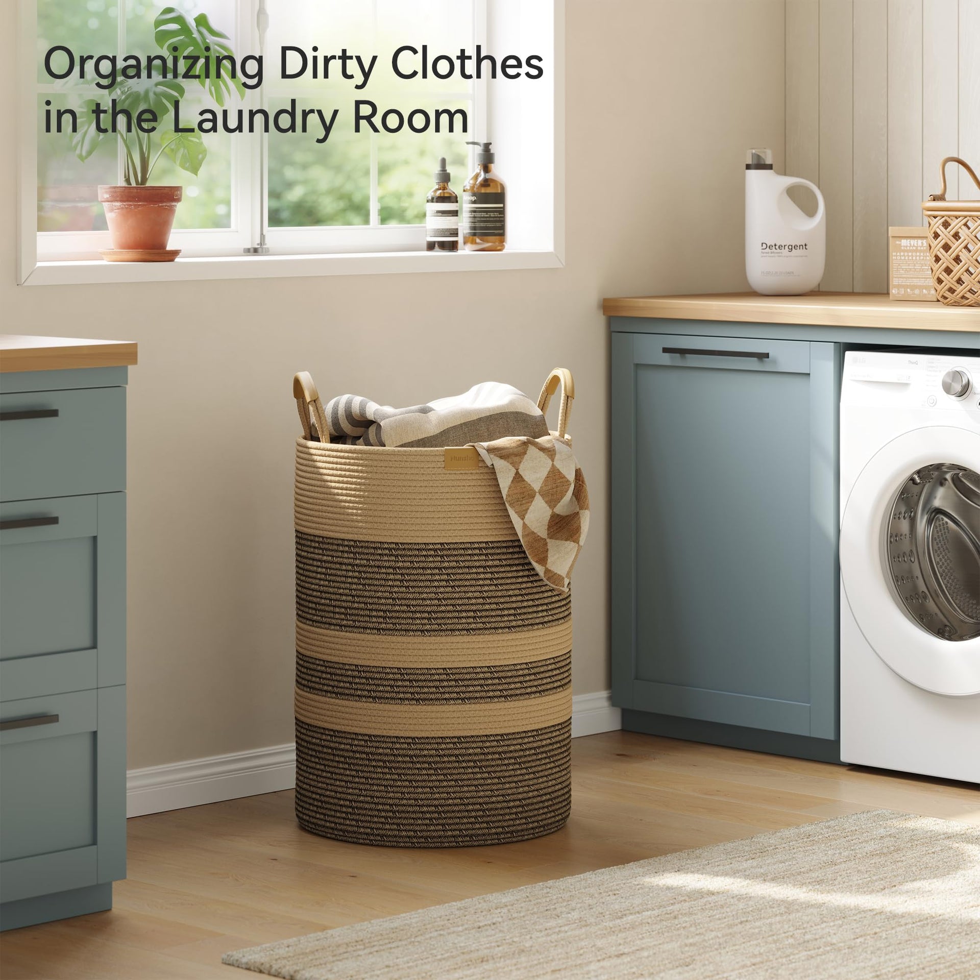 95L Striped Laundry Hamper with Leather Handles