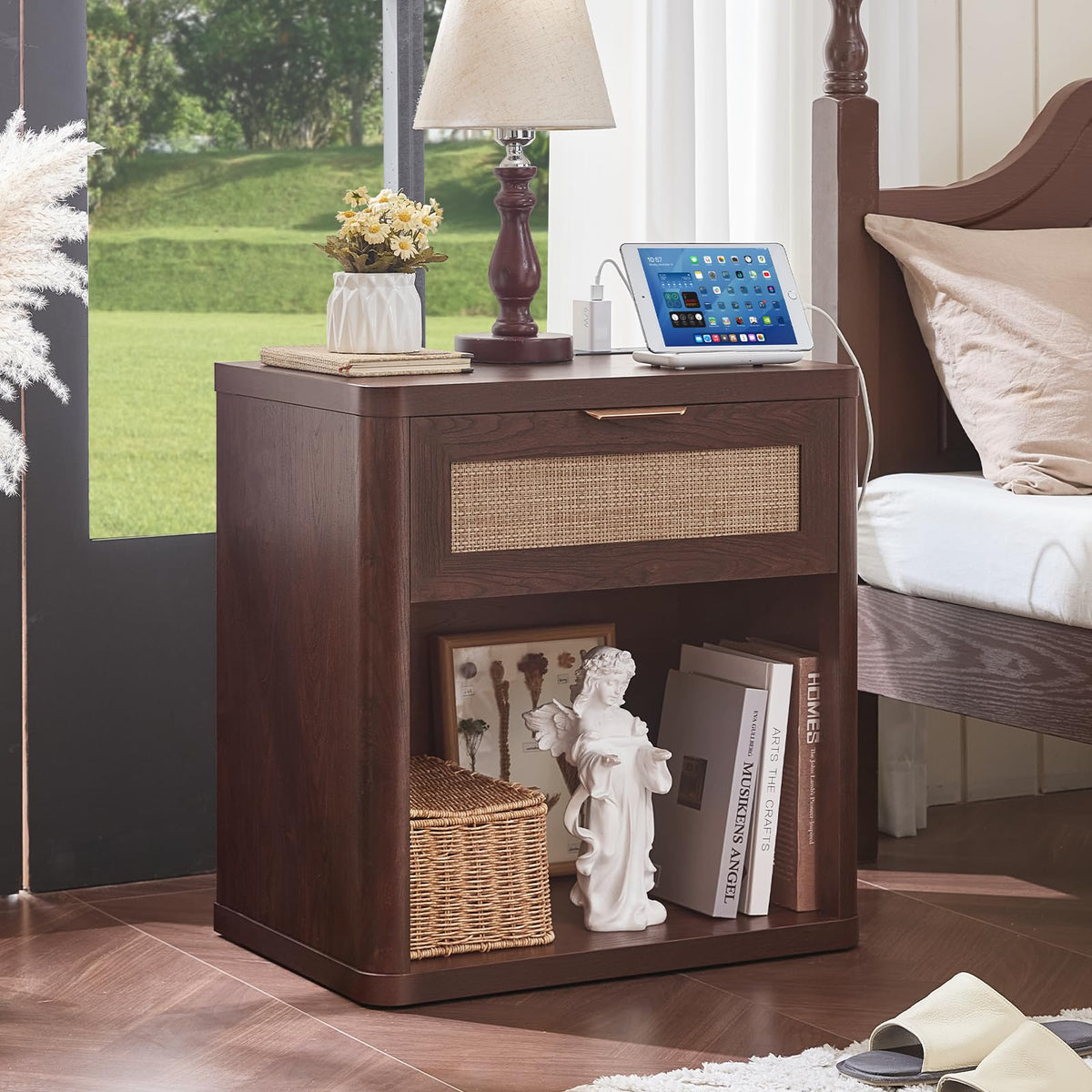 Rattan Nightstand with Charging Station