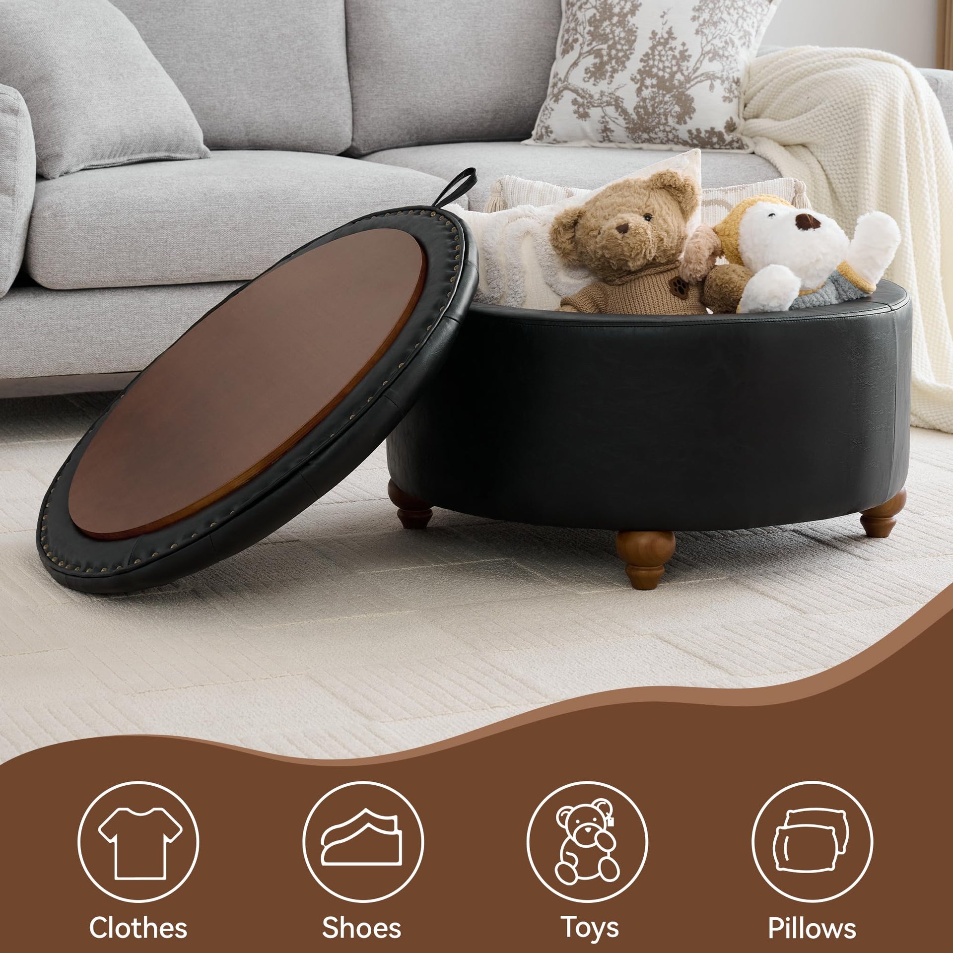 30Inch Round Storage Ottoman with Tray
