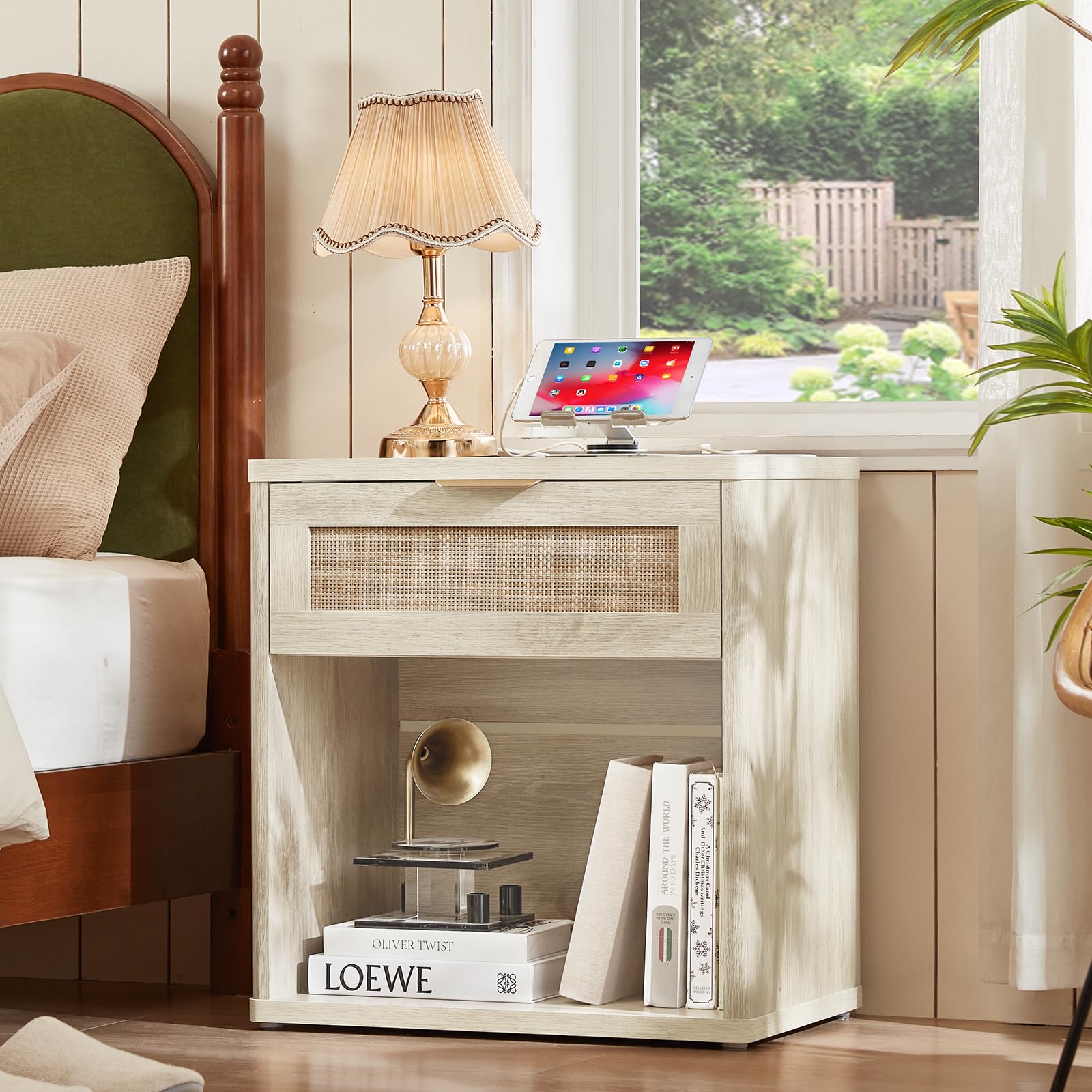 Rattan Nightstands Set of 2 with Charging Station (2 Count)