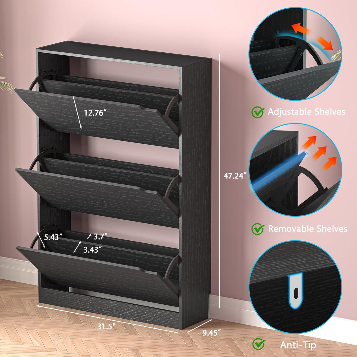 Shoe Storage Cabinet with 3 Flip Drawers