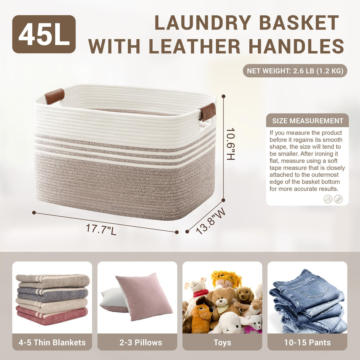 45L Small Woven Laundry Basket Hamper with Leather Handles - ModHome Supplies