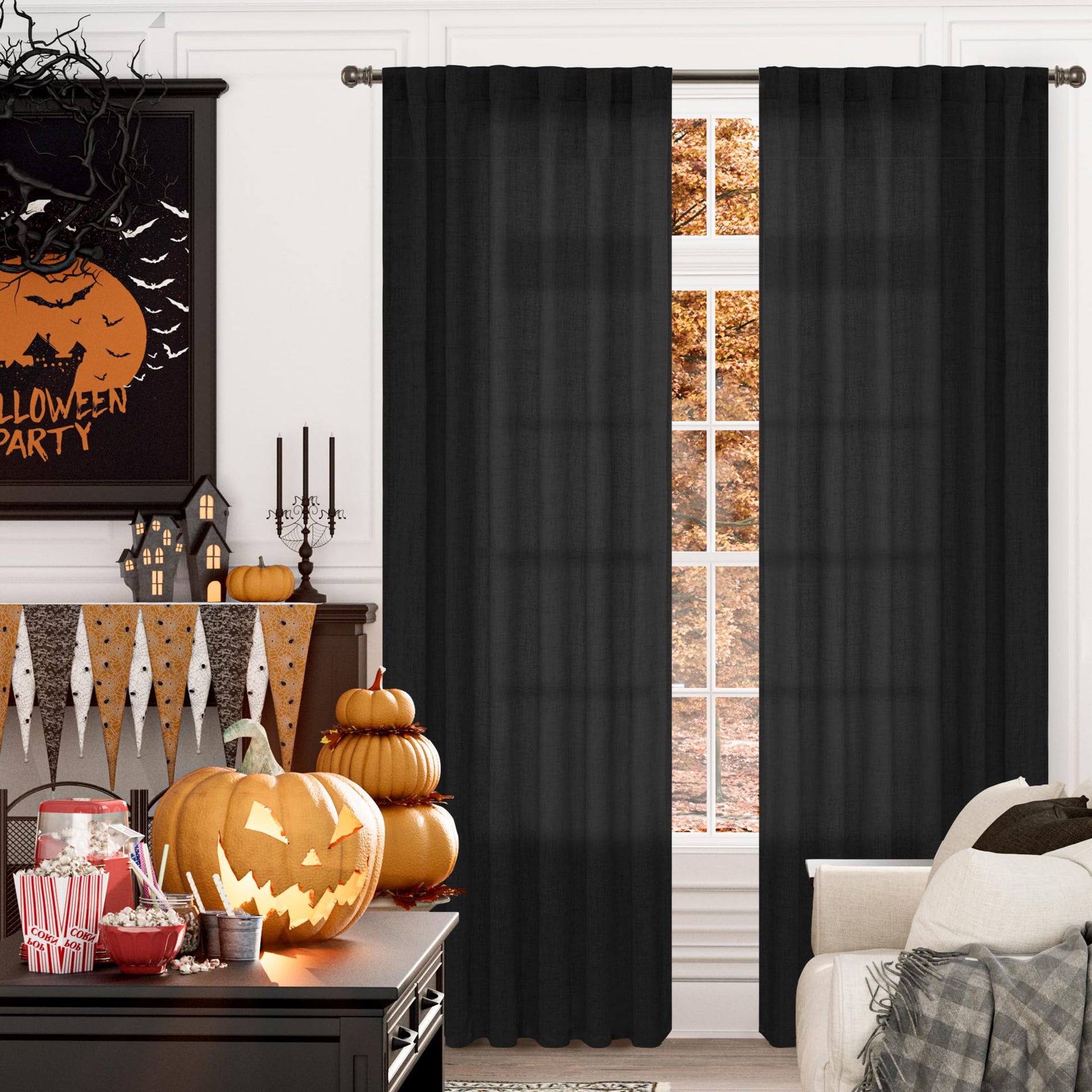 Black Linen Curtains 84 Inch Length Semi Sheer for Living Room (2 Count)