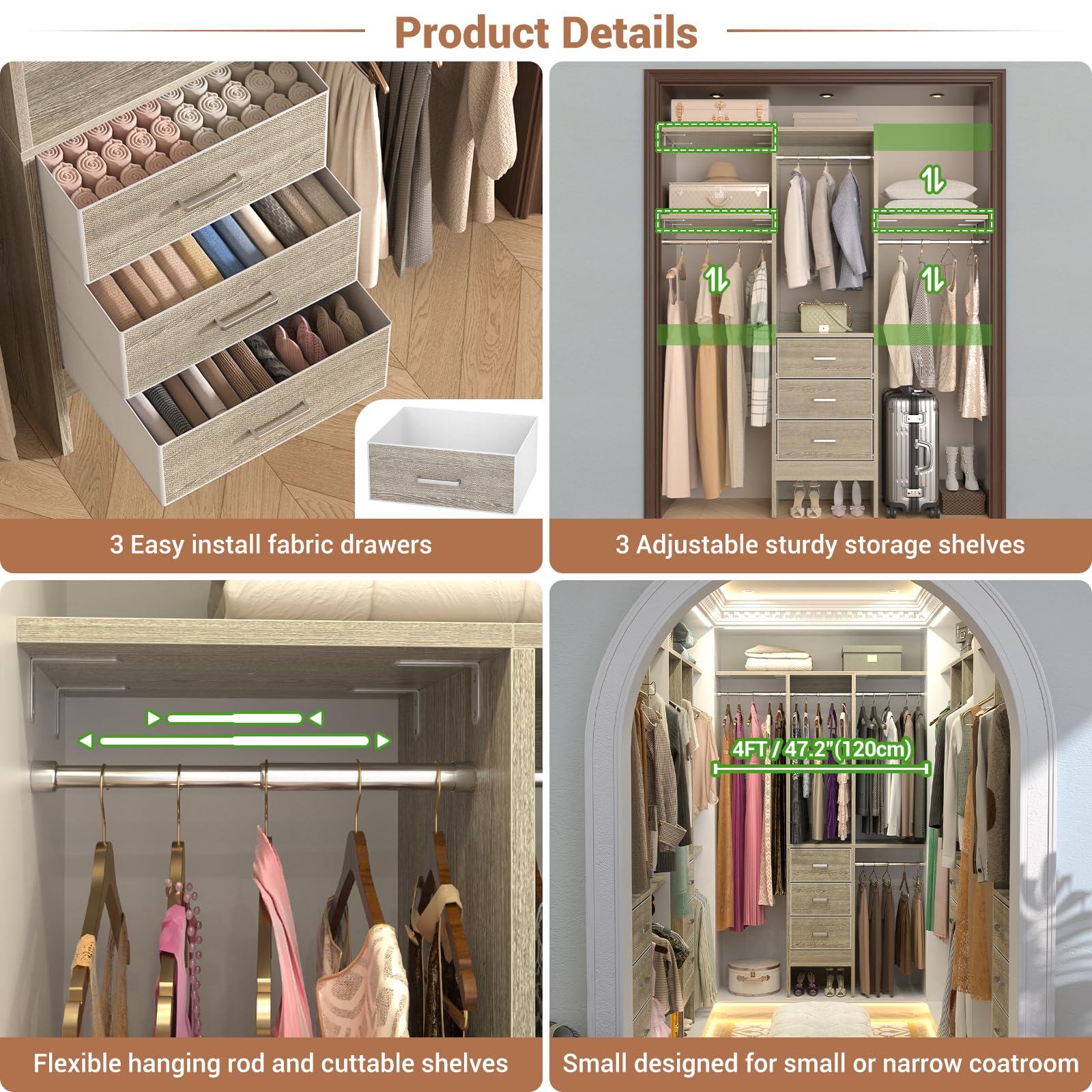 4FT Small Closet System with 3 Fabric Drawers