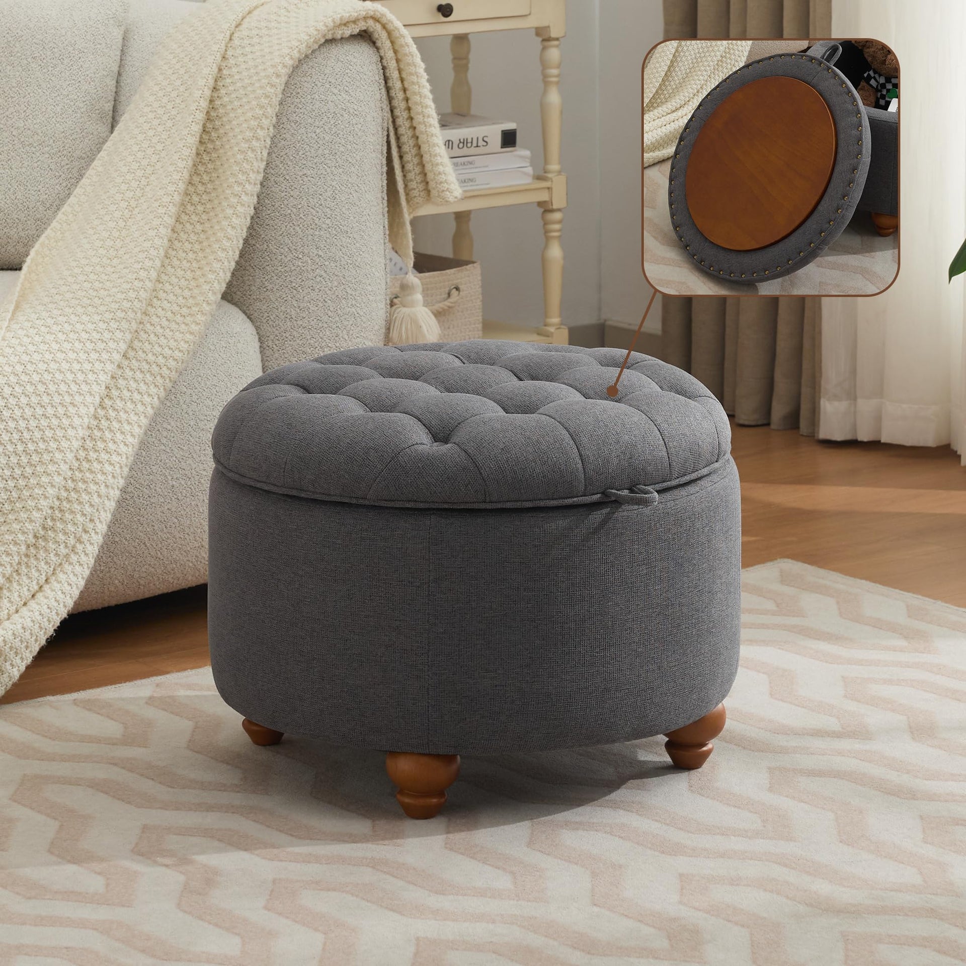 24Inch Round Storage Ottoman with Tray
