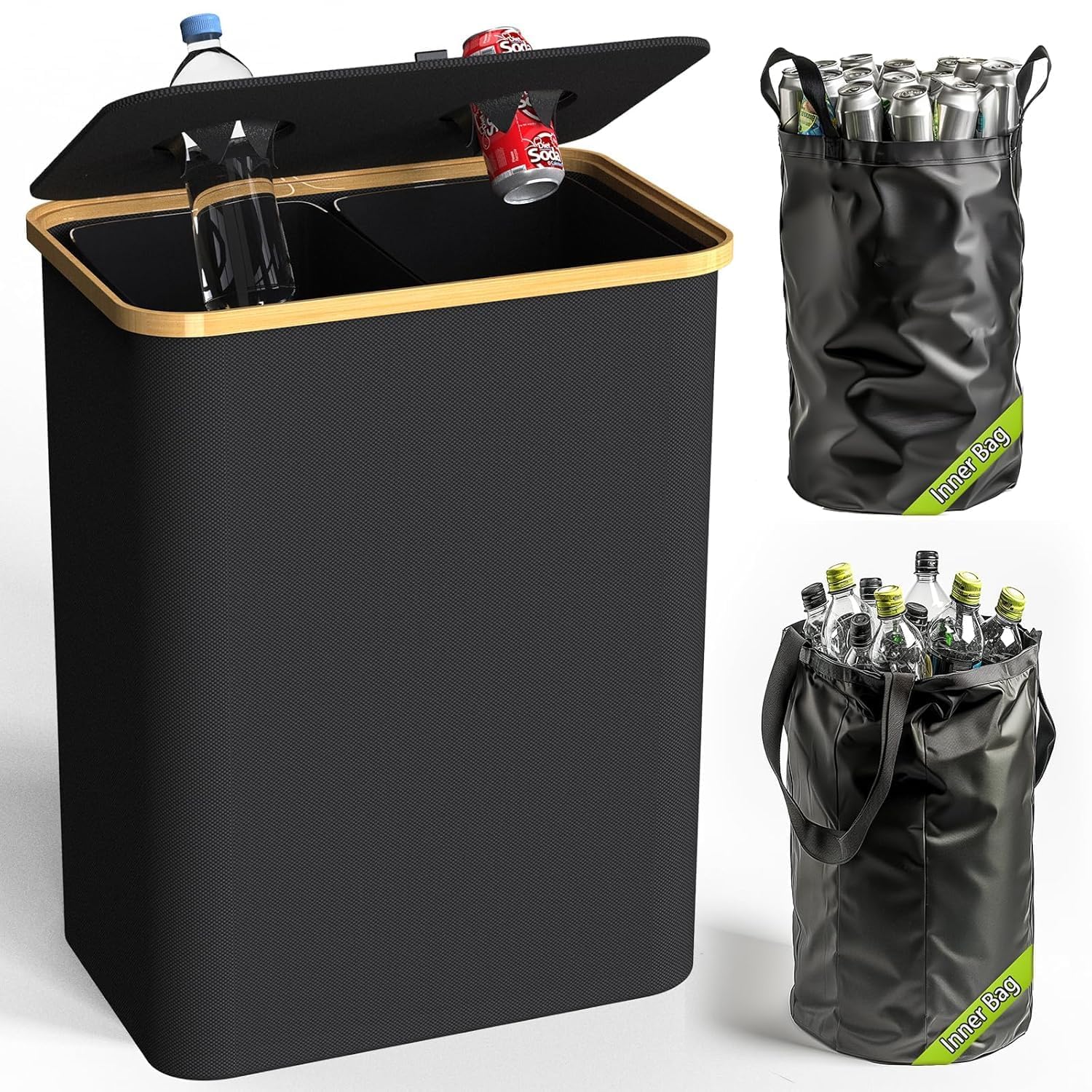 Recycling Bin Kitchen Indoor Home 40 Gallon 156L Recycle Bin with Lid 2 Removeable Reusable Inner Bag Bottle Can Glass Waste Plastice