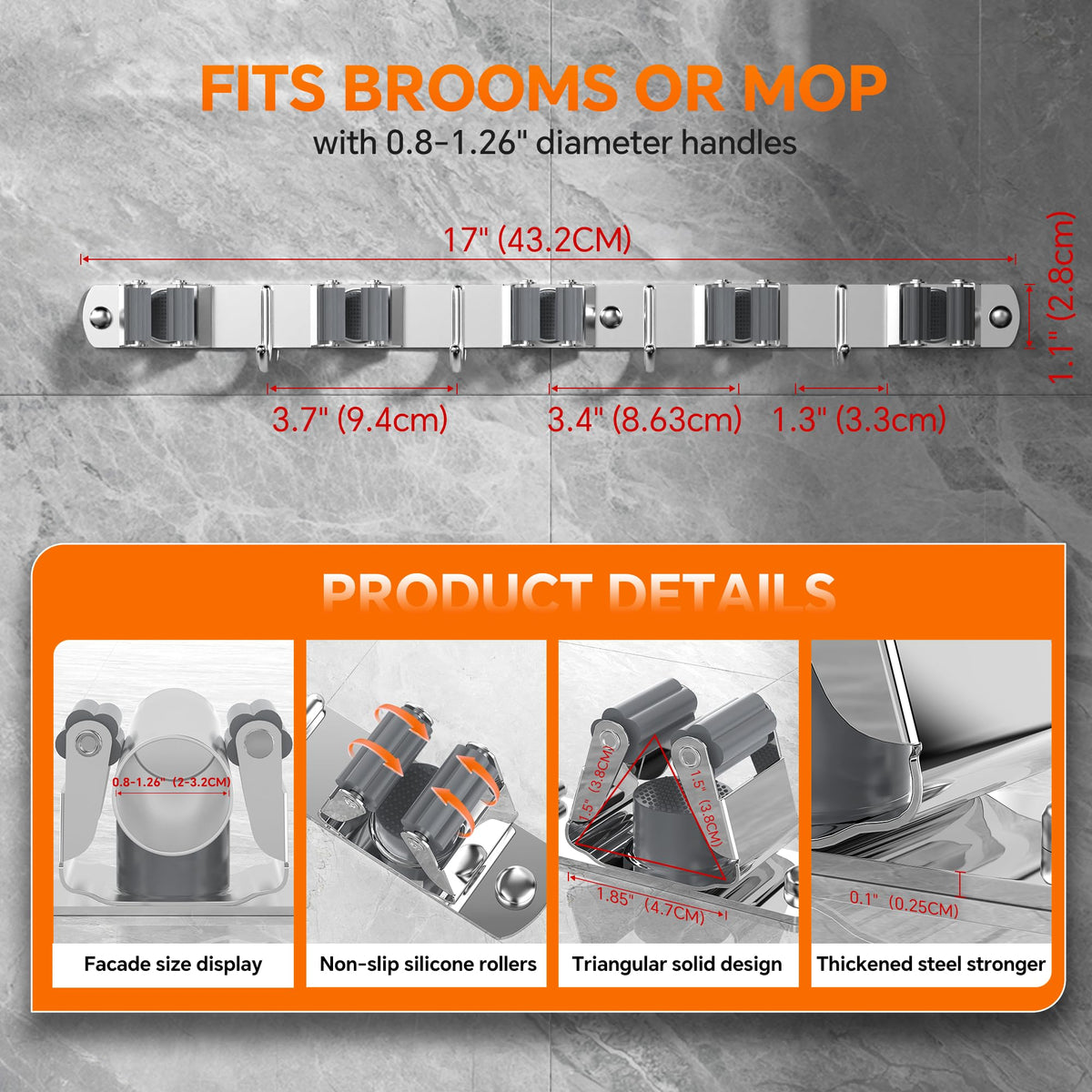 5 Grippers Broom Holder Wall Mount with 4 Hooks Stainless Steel