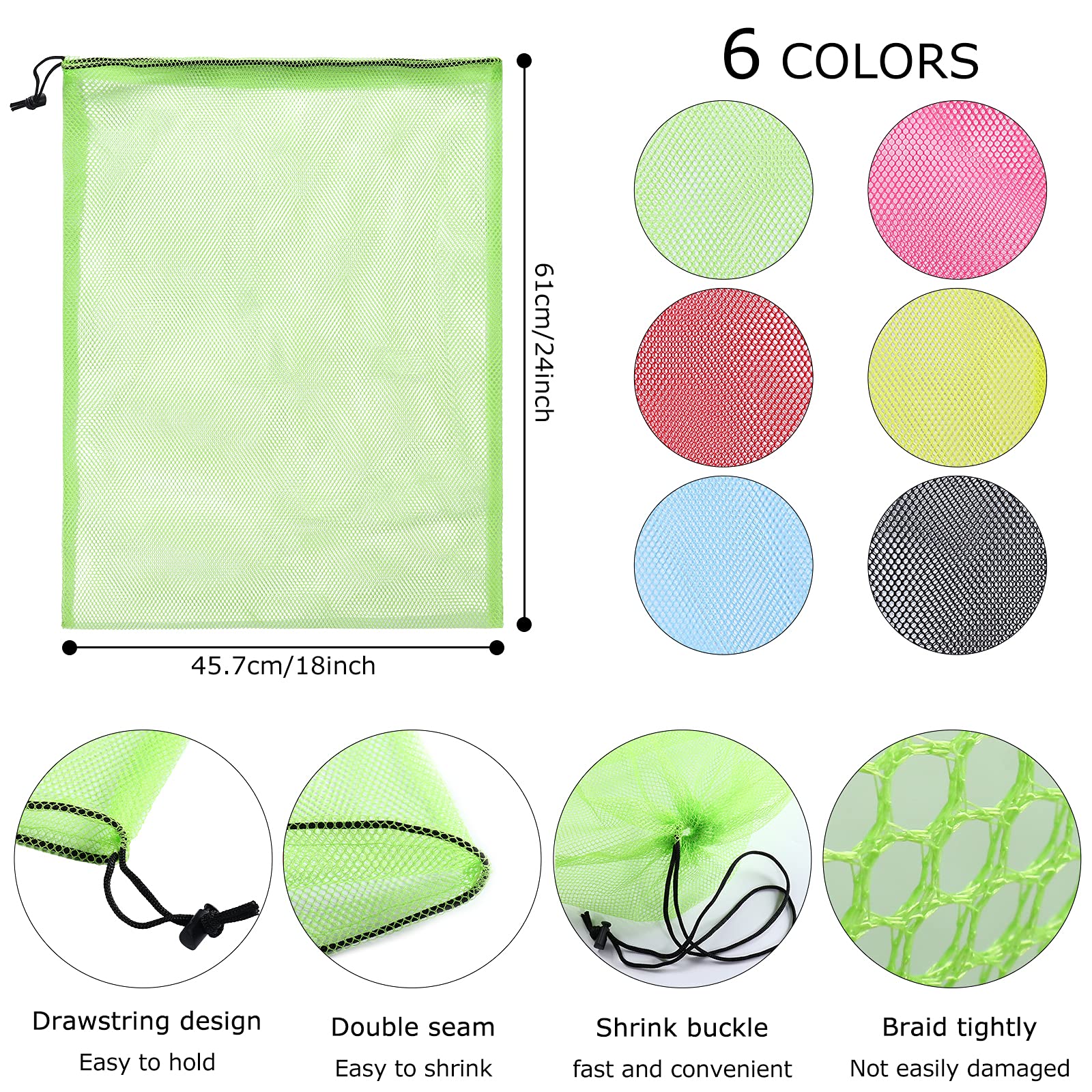 18"X24" 6Pcs Mesh Laundry Drawstring Bag Nylon Drawstring Gym Bag with Cord Lock Closure (6 Count)