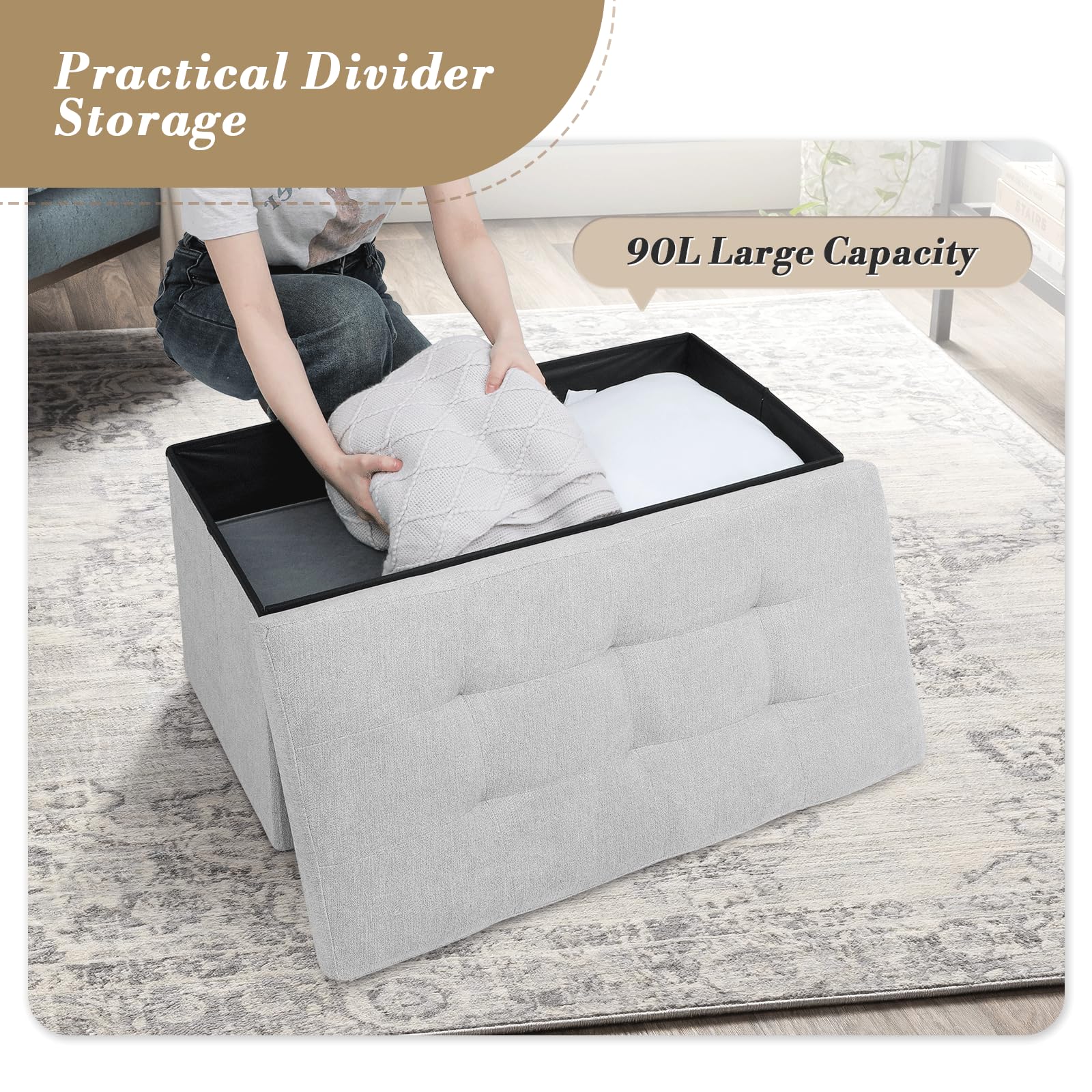 30" Storage Ottoman Bench Folding Bench with 90L Hidden Storage
