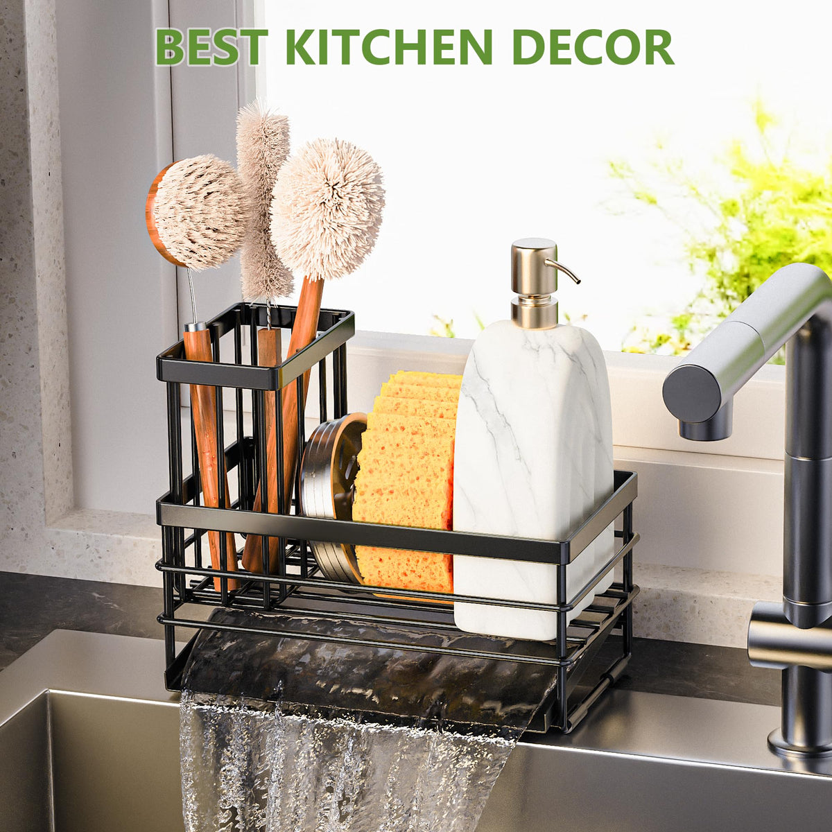 Sink Caddy Sponge Holder for Kitchen with Brush Holder and Stainless Steel Self Drain Tray