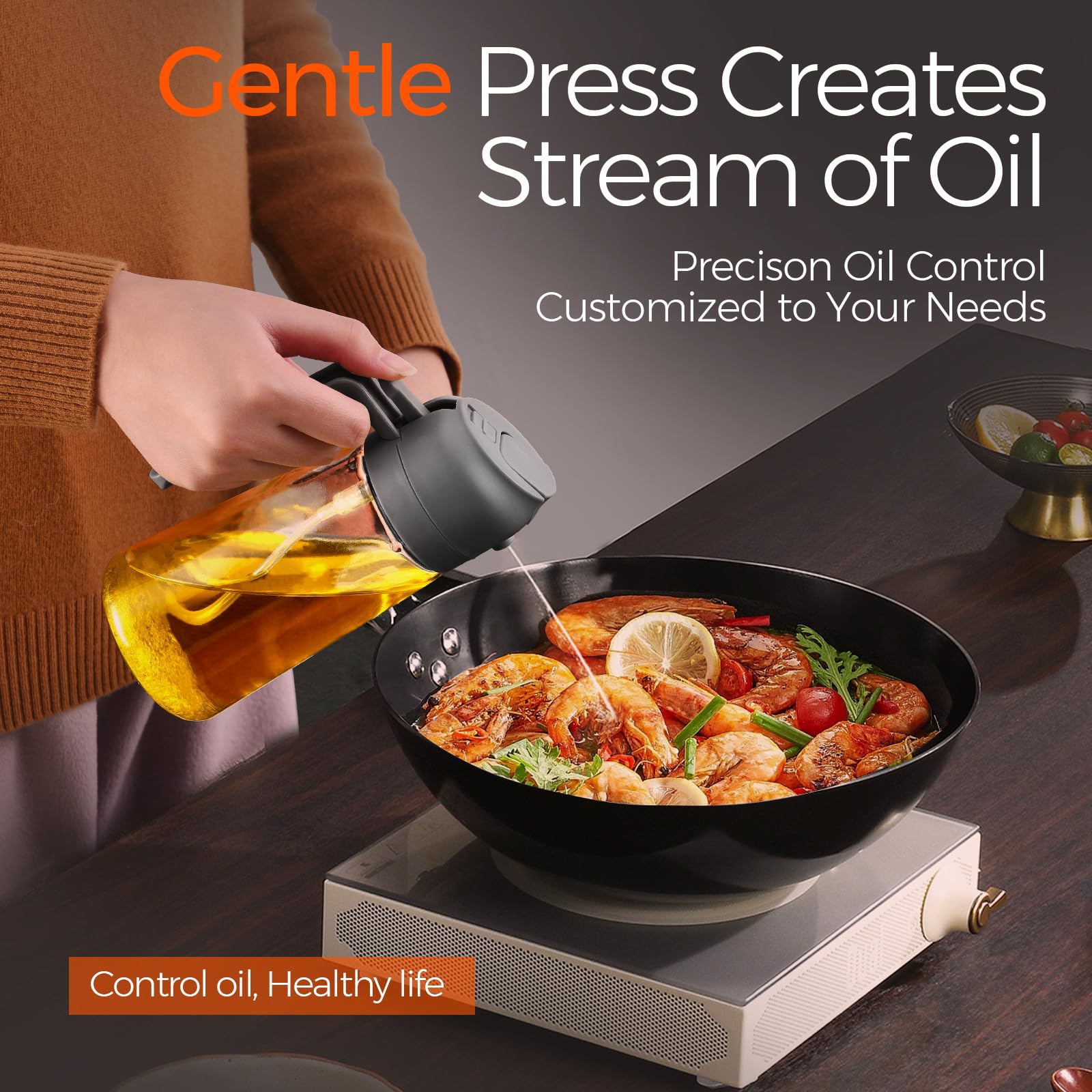 16 oz 2-in-1 Glass Olive Oil Sprayer for Cooking, Grey