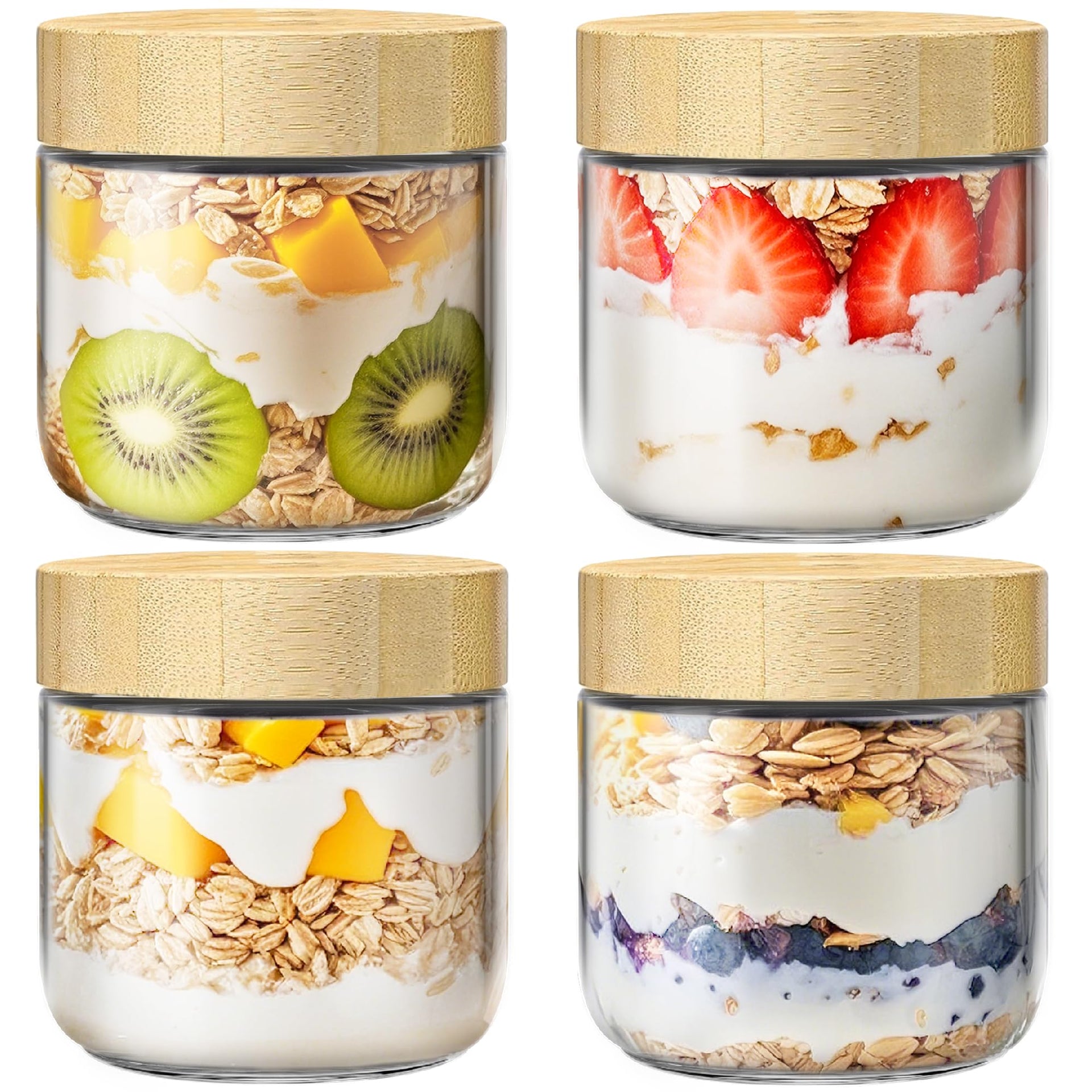 10 oz Overnight Oats Containers with Bamboo Lids (4 Count)