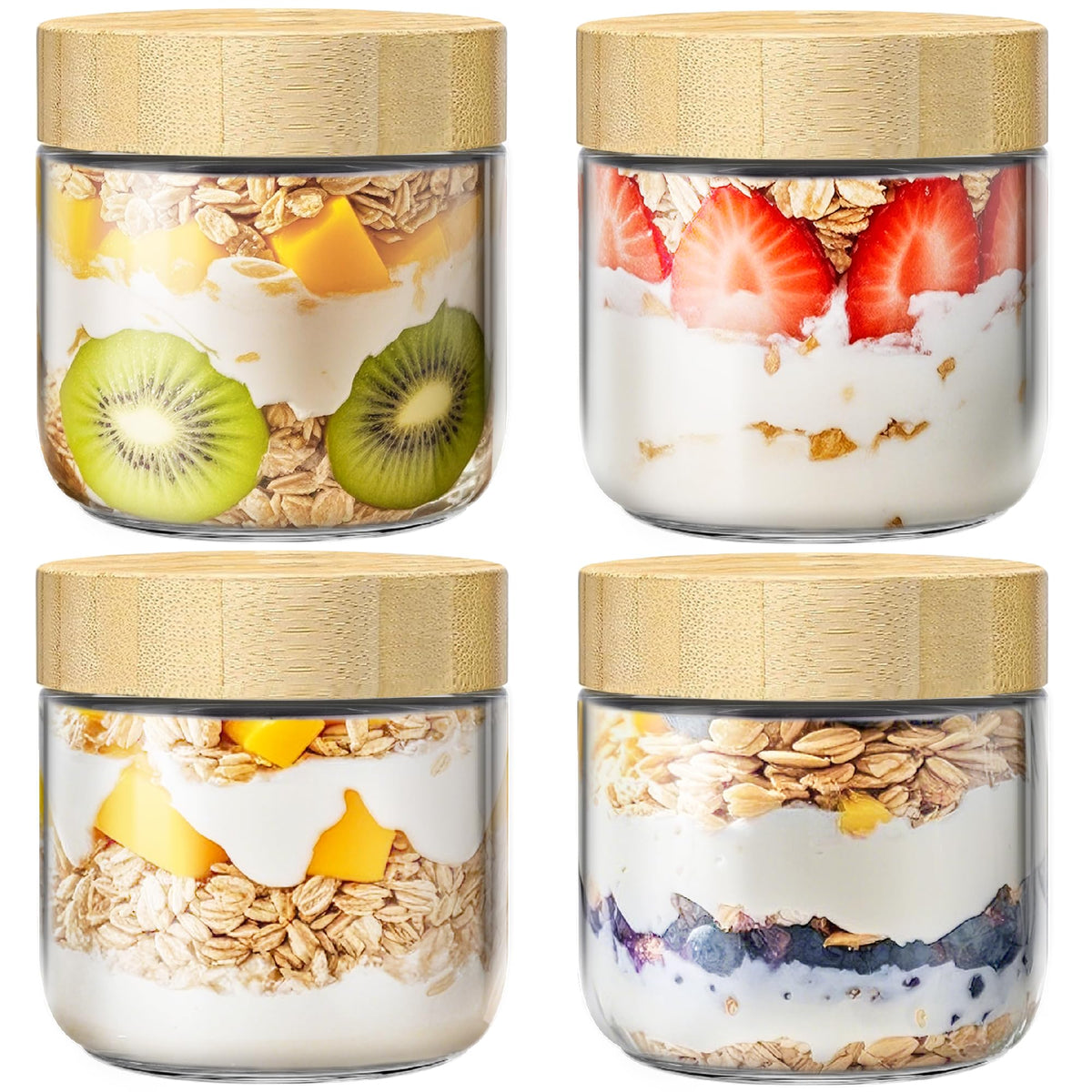 10 oz Overnight Oats Containers with Bamboo Lids (4 Count)