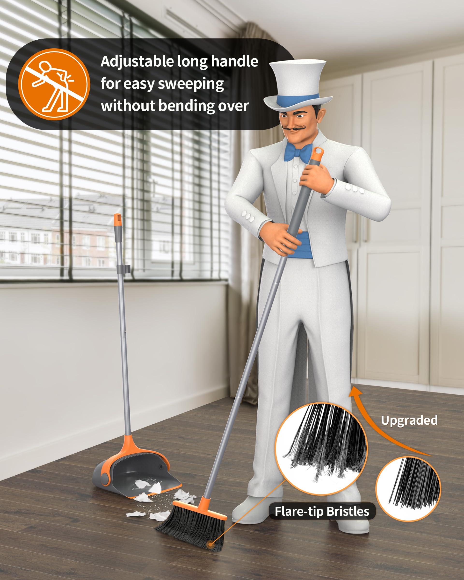 Broom and Dustpan Set with Adjustable Long Handle