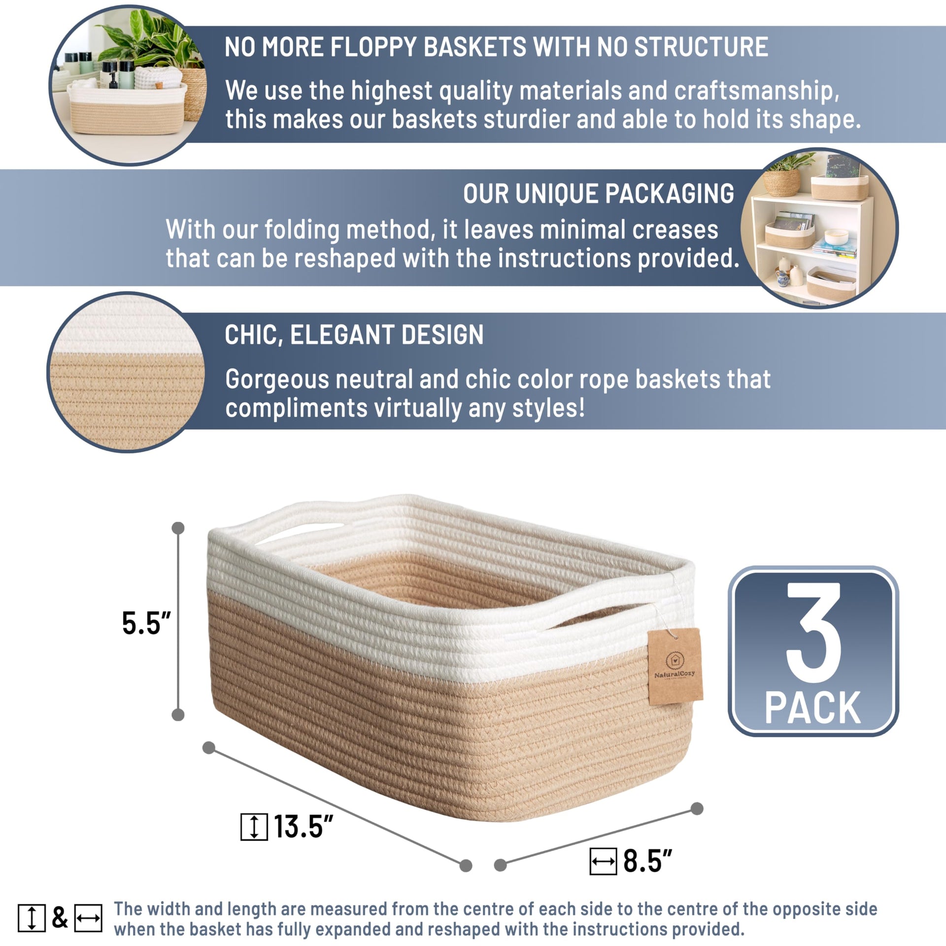 13.5”x8.5”x5.5” Storage Baskets for Shelves 3 Pack (3 Count)