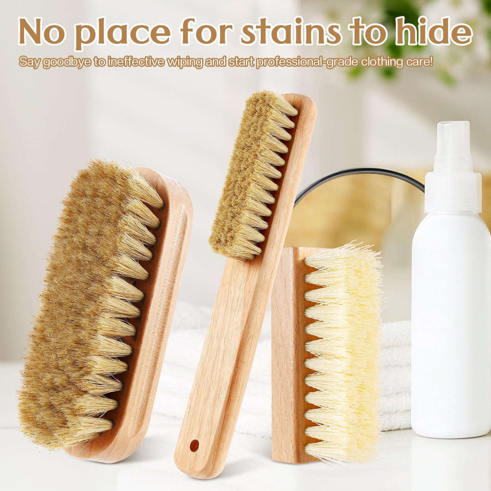 3 Pcs Wood Laundry Stain Brush Stain Remover Brushes with Boar Bristle Small Stain Brush for Clothes for Scrubbing Stains from Furniture Fabric Leather (3 Count)