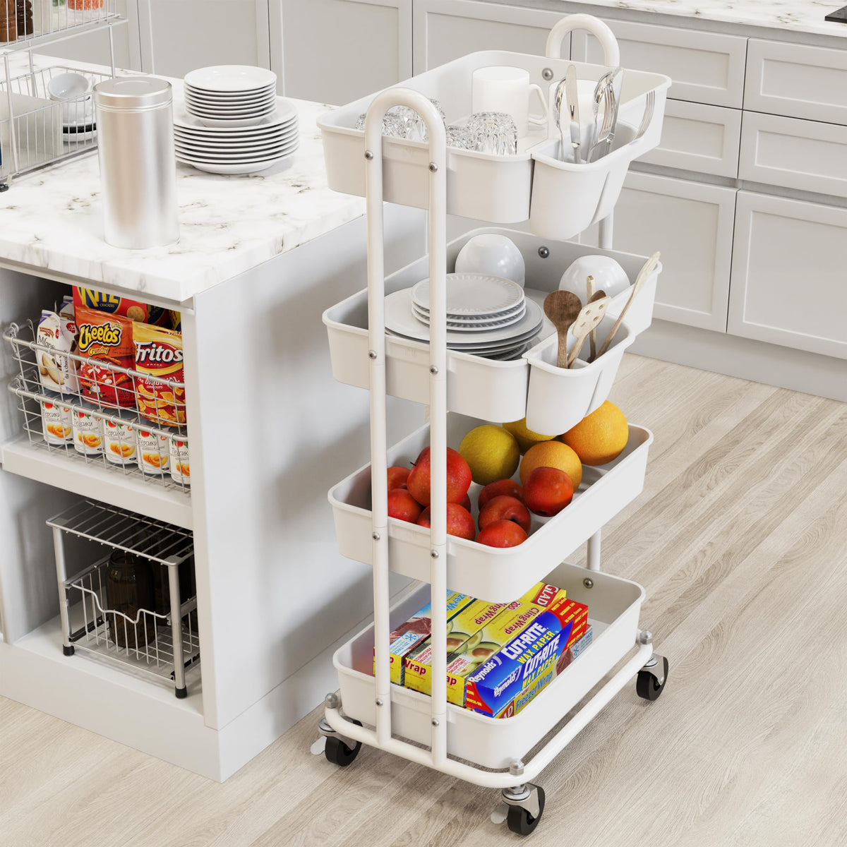 4 Tier Rolling Utility Cart with Hanging Bucket