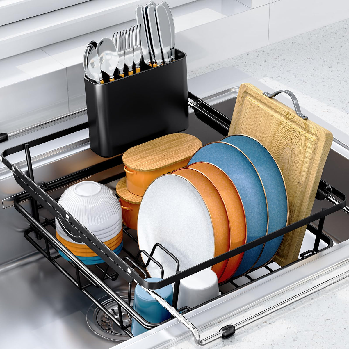 Dish Drying Rack in Sink with Utensil Holder
